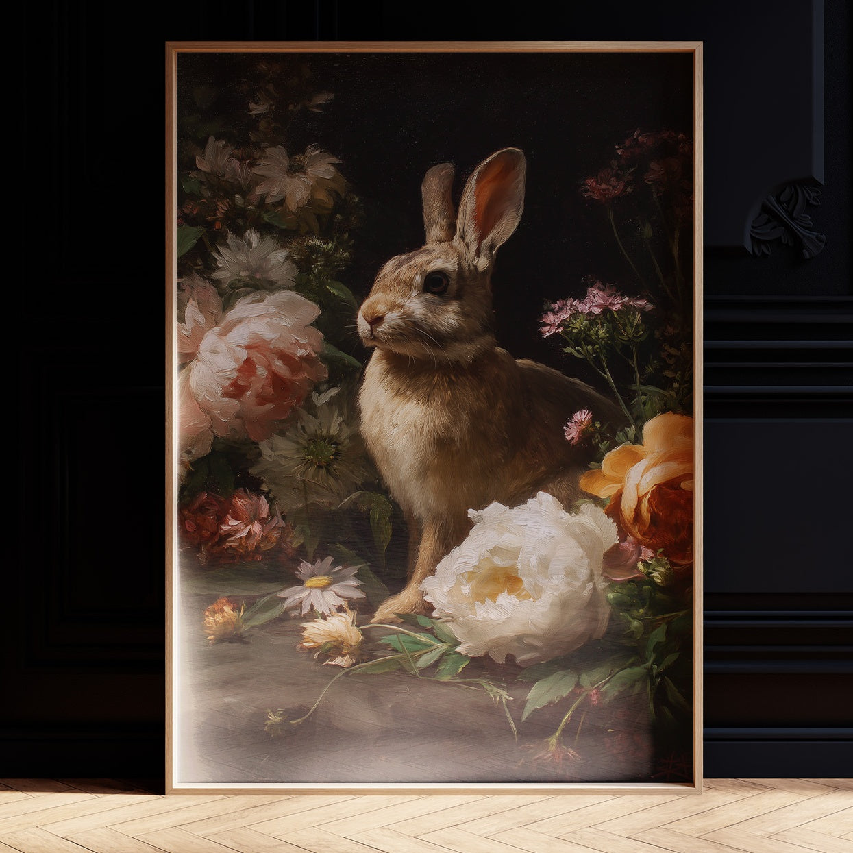 Rabbit Among Blooming Peonies