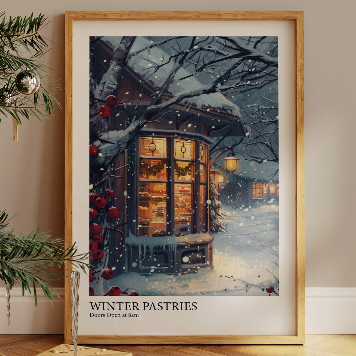 Bakery Glows Through Snowfall Evening