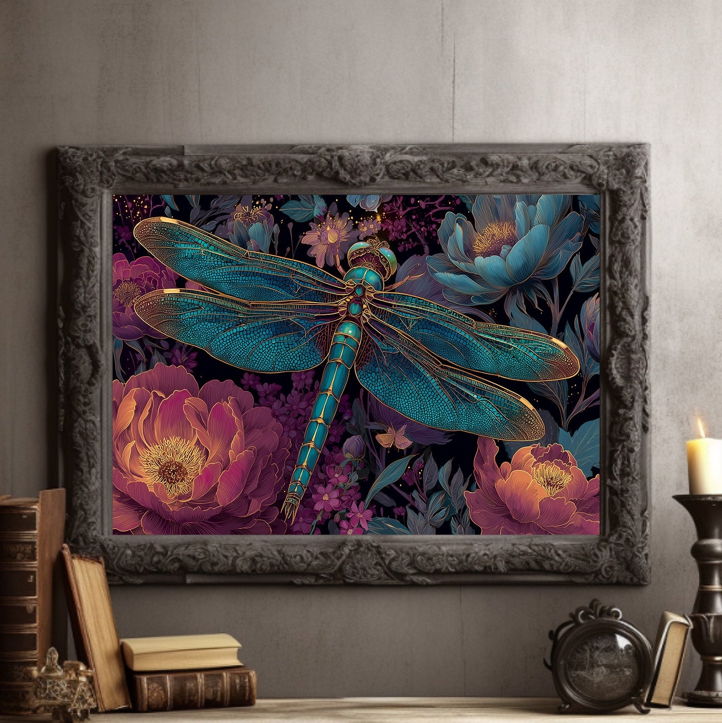 Iridescent Wings Among Midnight Blooms