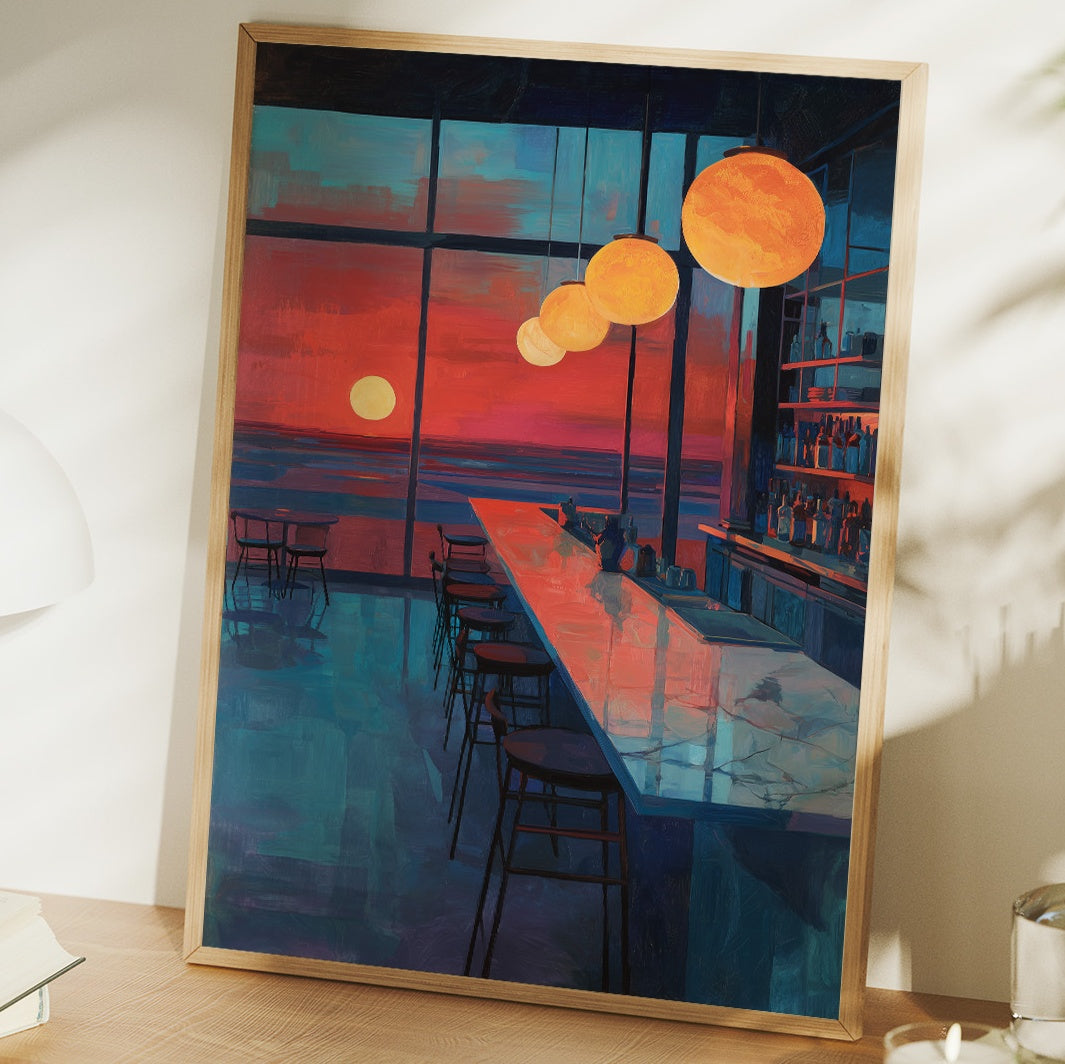 Lanterns Float Above Empty Barstools