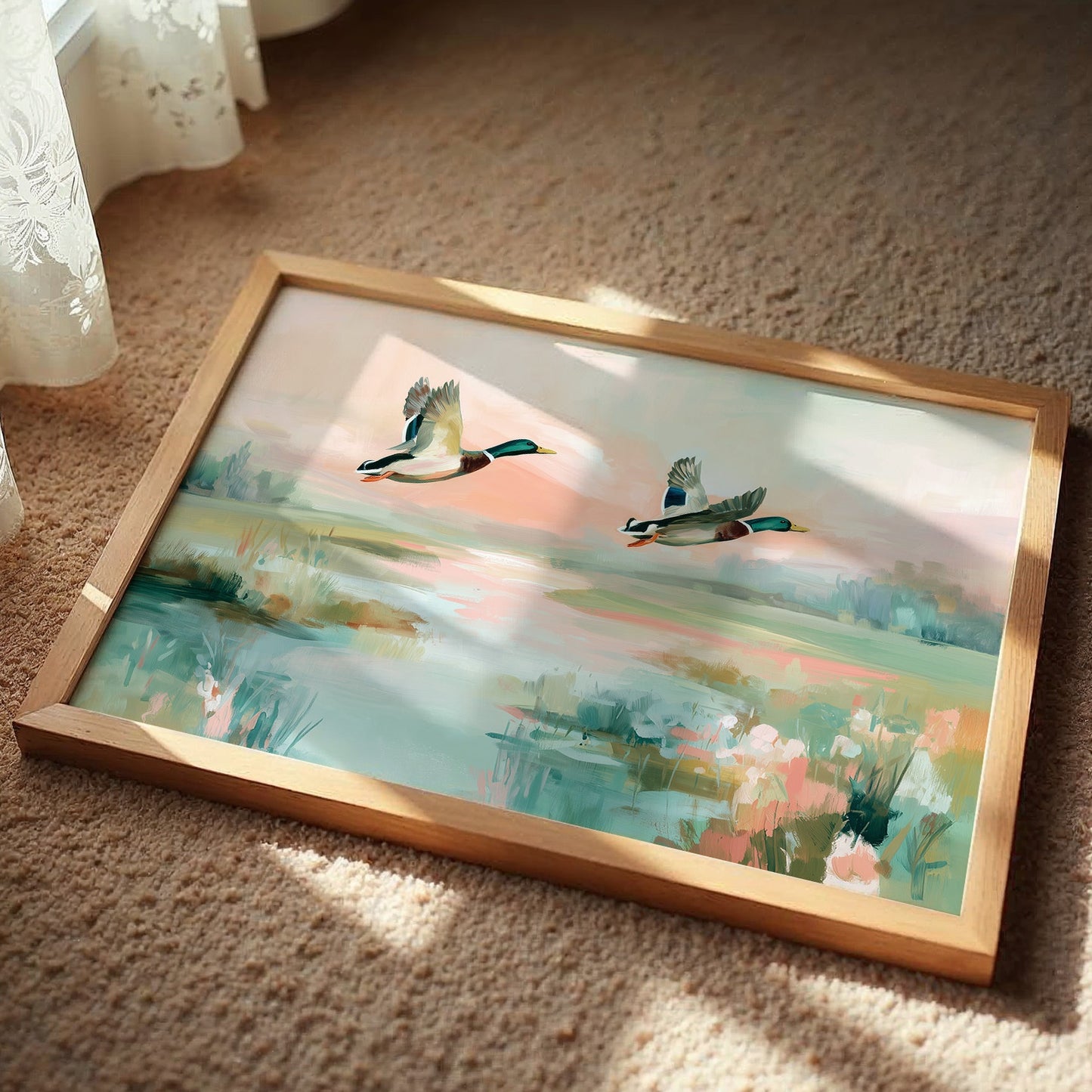 Mallards Glide Through Pastel Wetlands