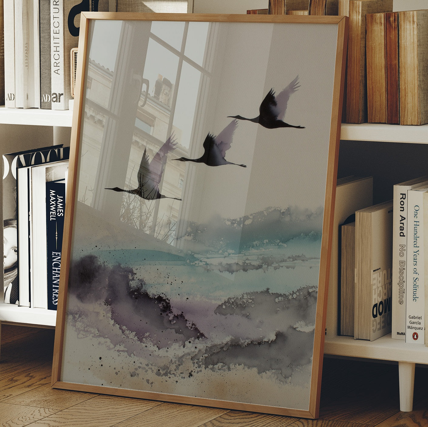 Three Cranes Cross Misty Waters