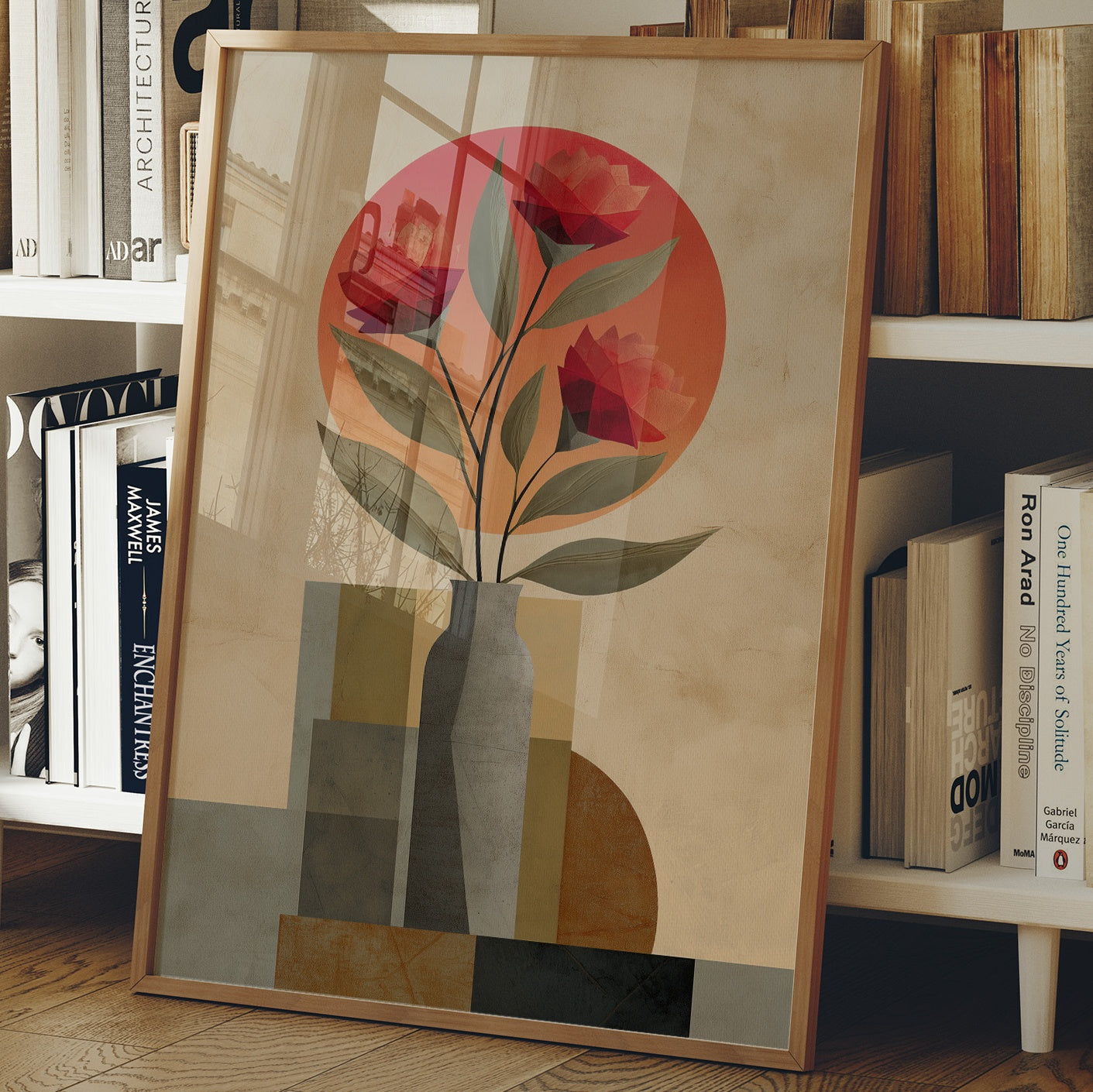 Red Blooms Against City Shapes