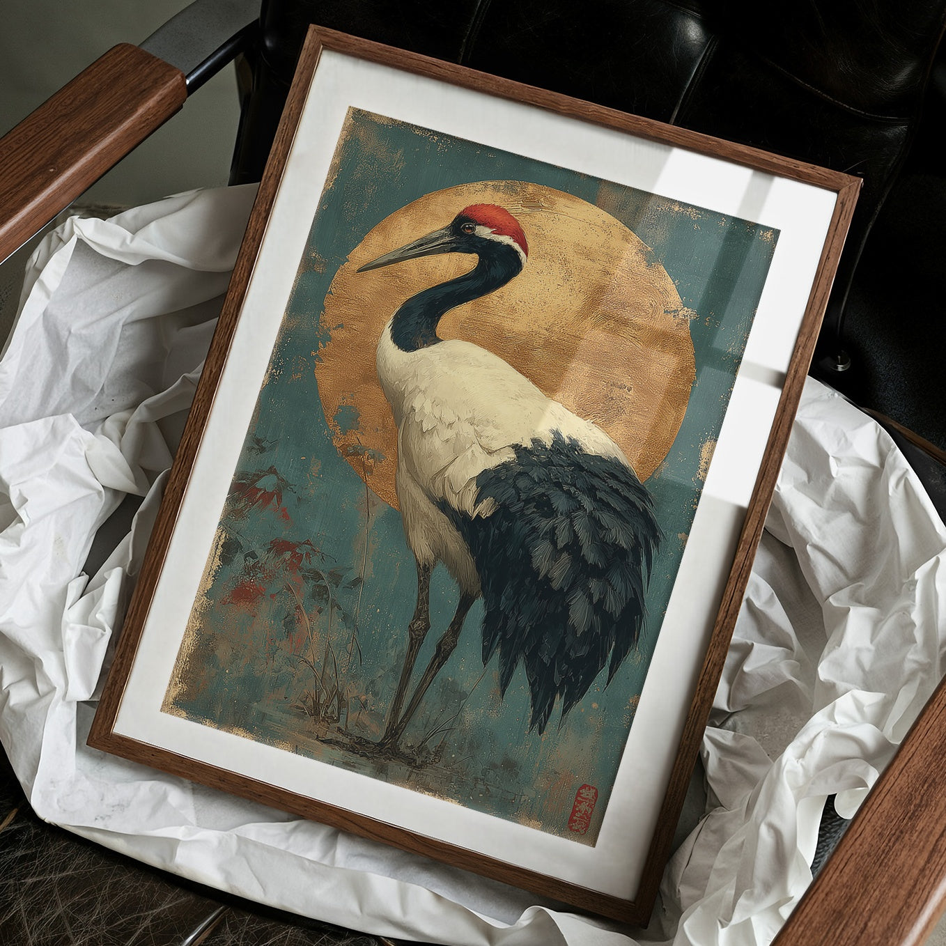 Noble Crane Against Golden Moon