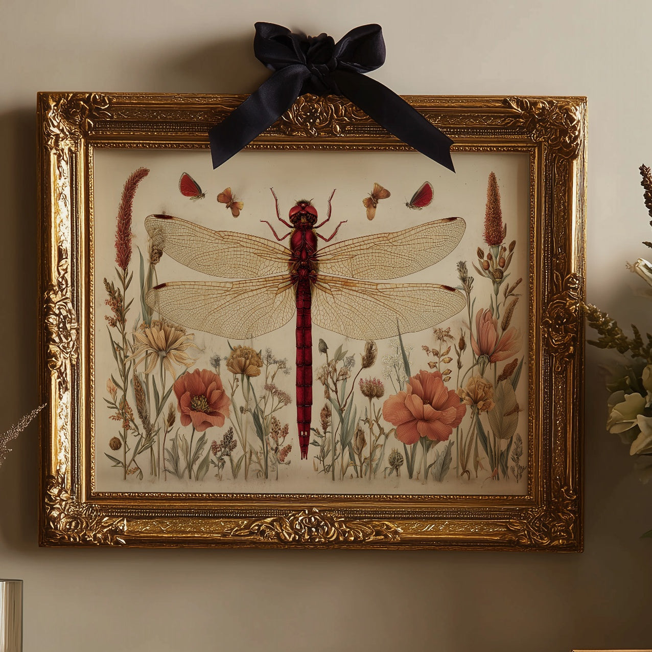 Crimson Messenger Through Wildflower Meadow