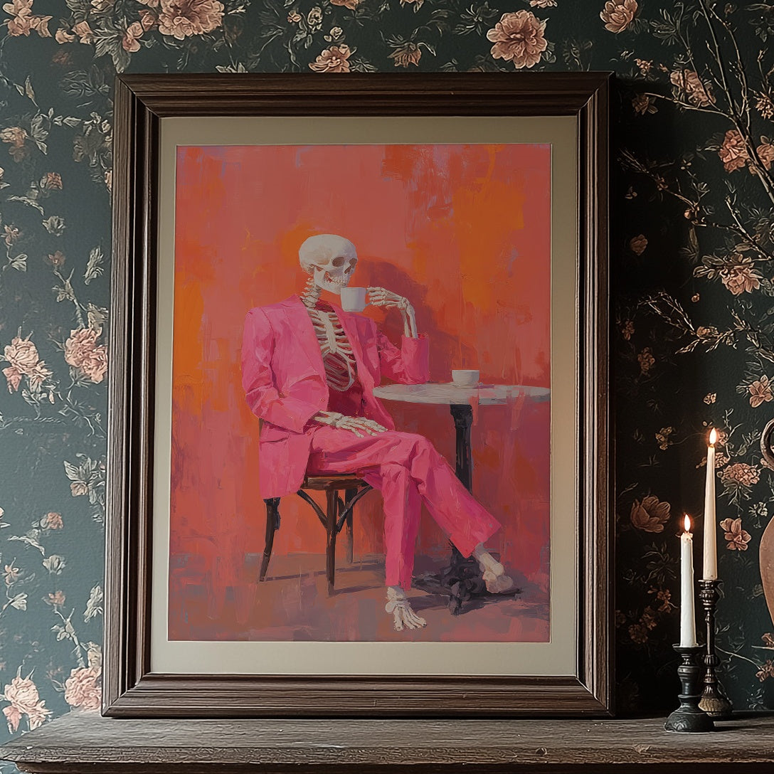 Fuchsia Suit Sips Eternal Coffee
