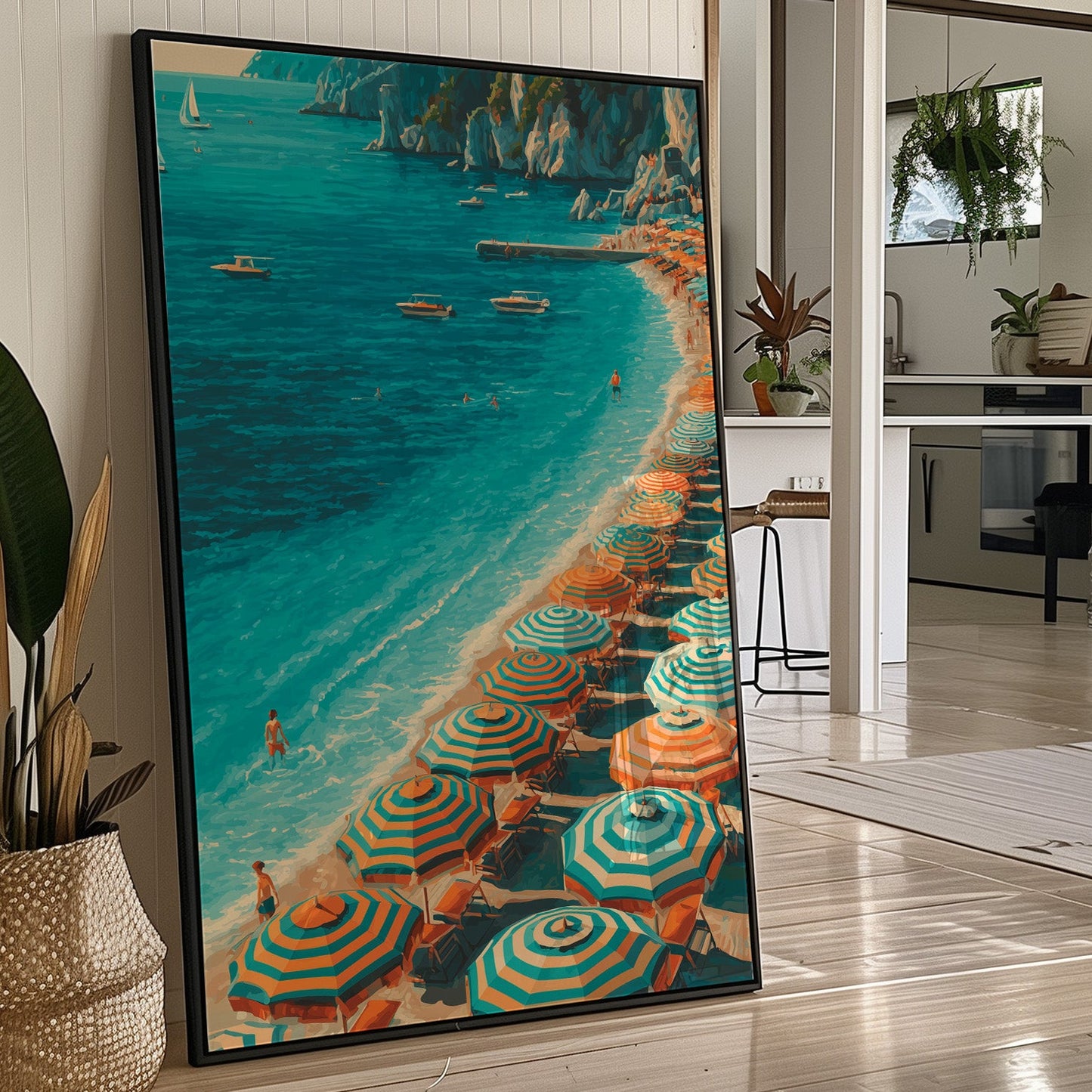 Mediterranean Reverie: Coral Parasols and Azure Waters