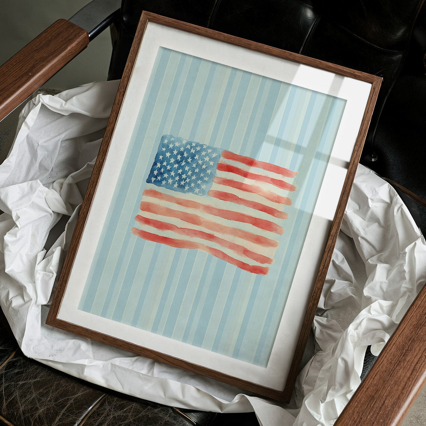 Watercolor Patriotism on Striped Blue
