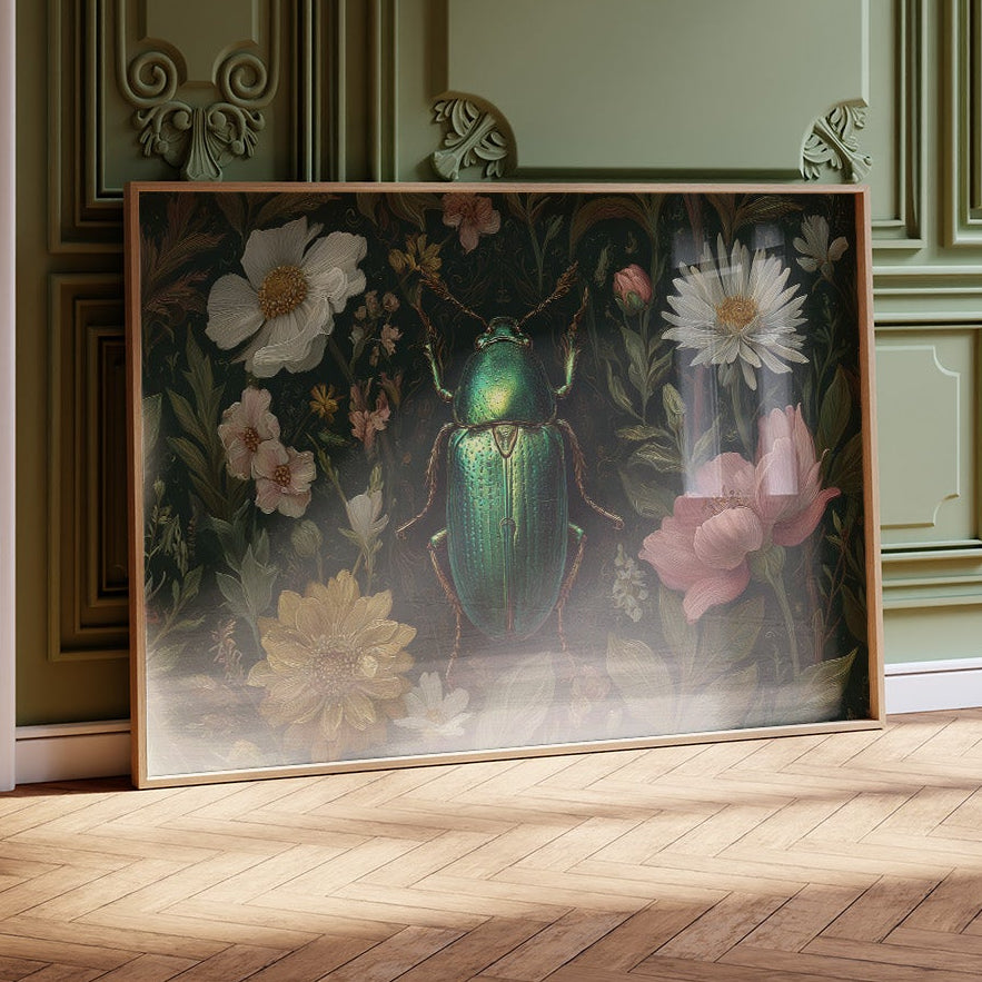 Emerald Beetle Among Garden Blooms