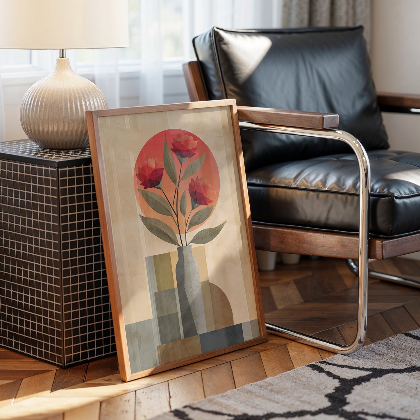 Red Blooms Against City Shapes