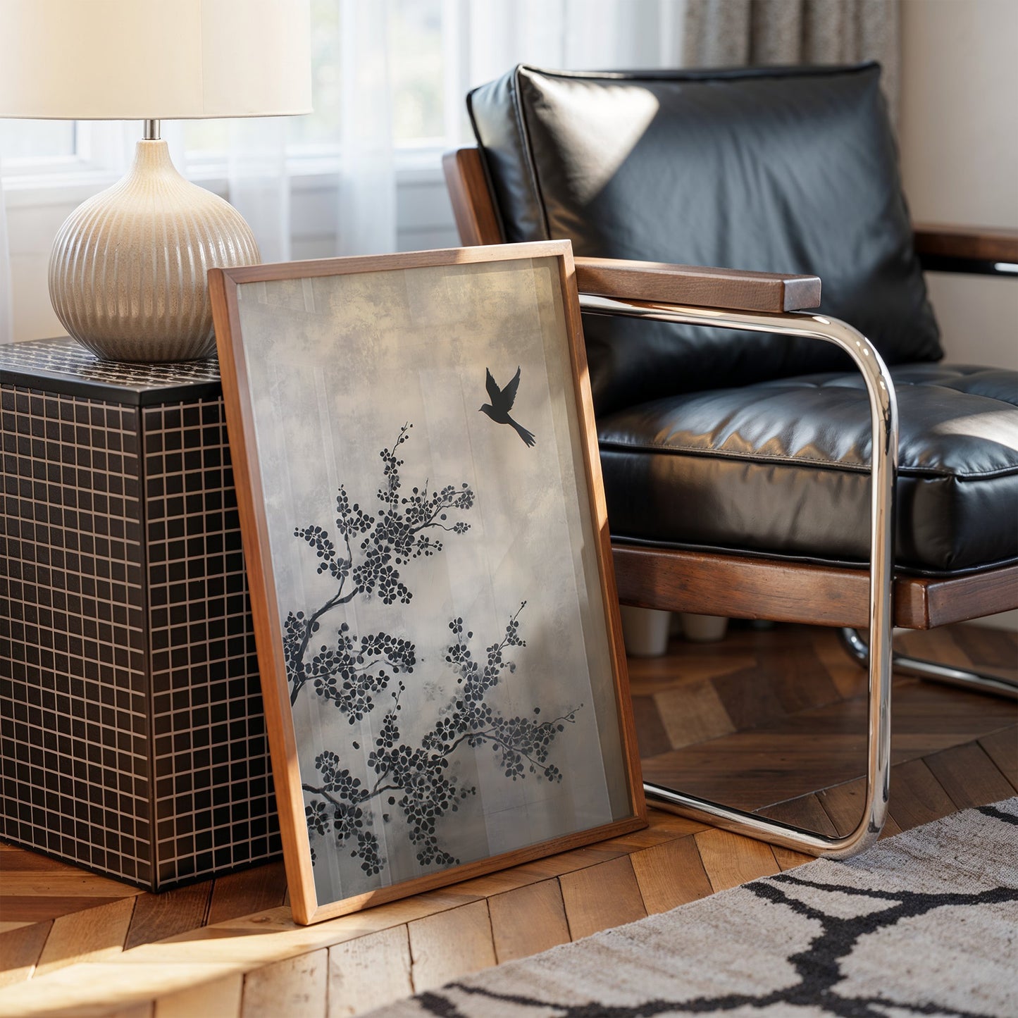 Bird Takes Flight Through Cherry Blooms