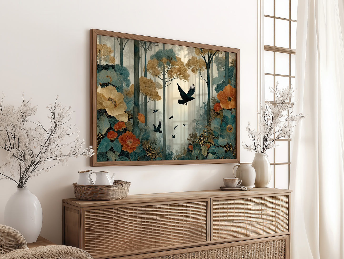Ravens Soar Through Floral Forest