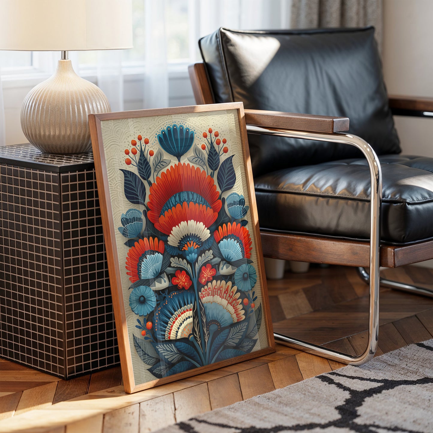 Folk Blooms Dance In Coral Blue