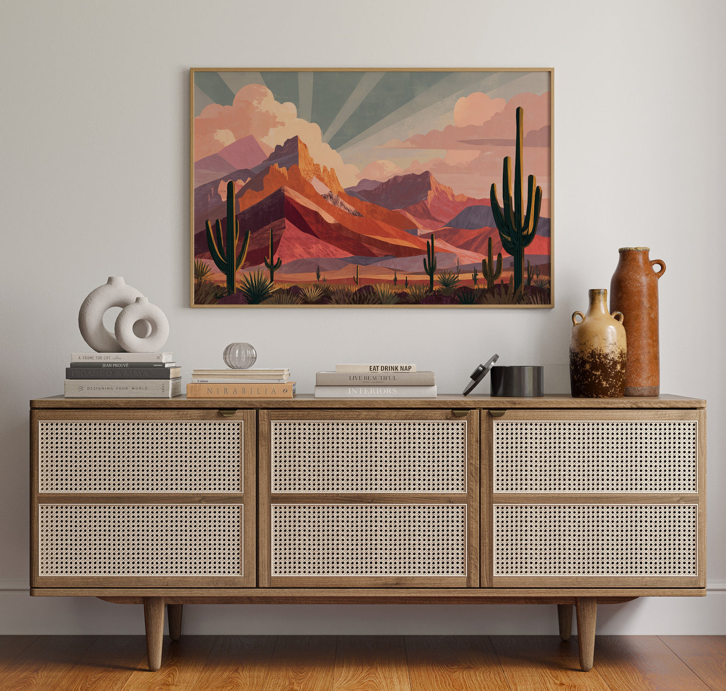 Saguaros Bathe In Coral Light