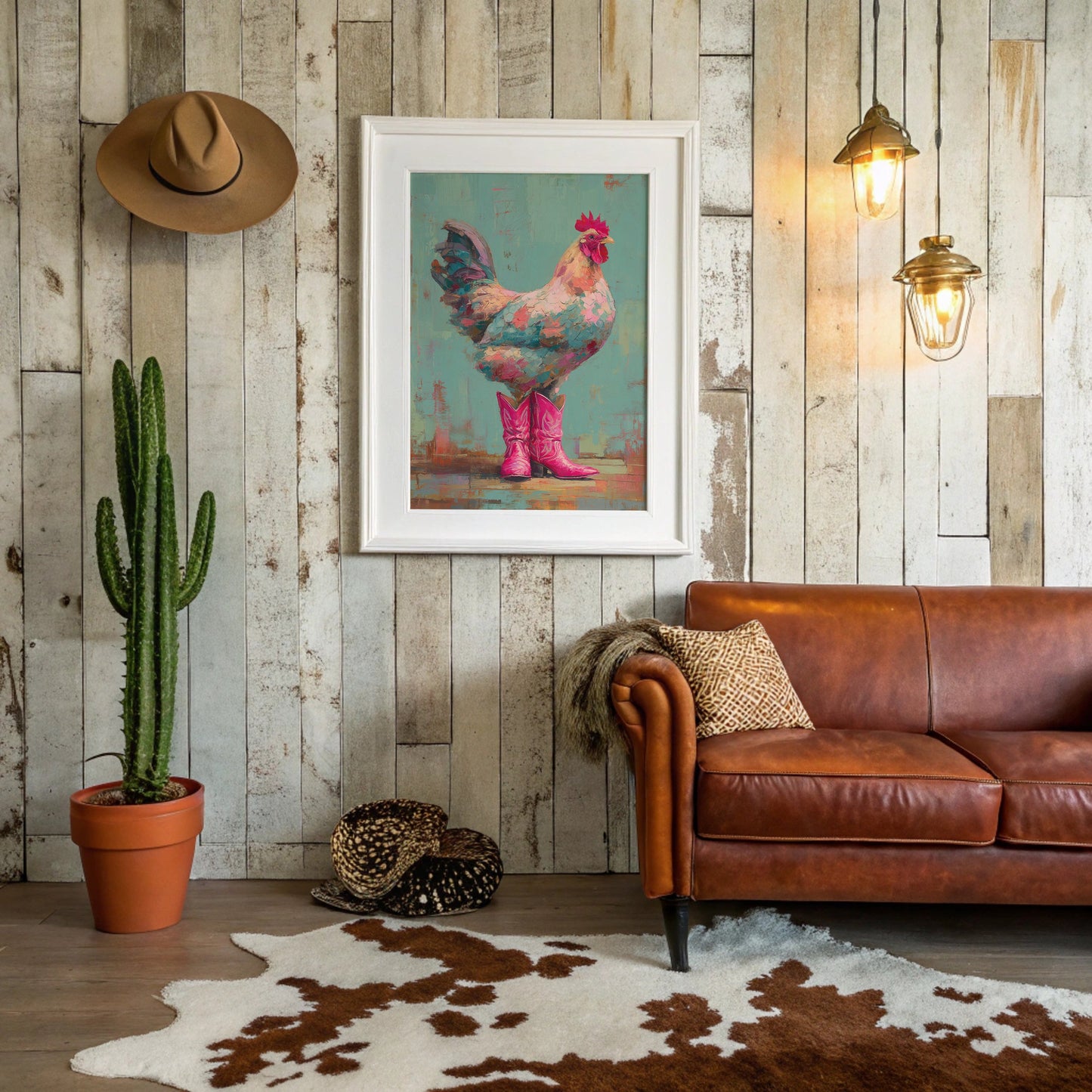 Rooster Struts In Pink Boots