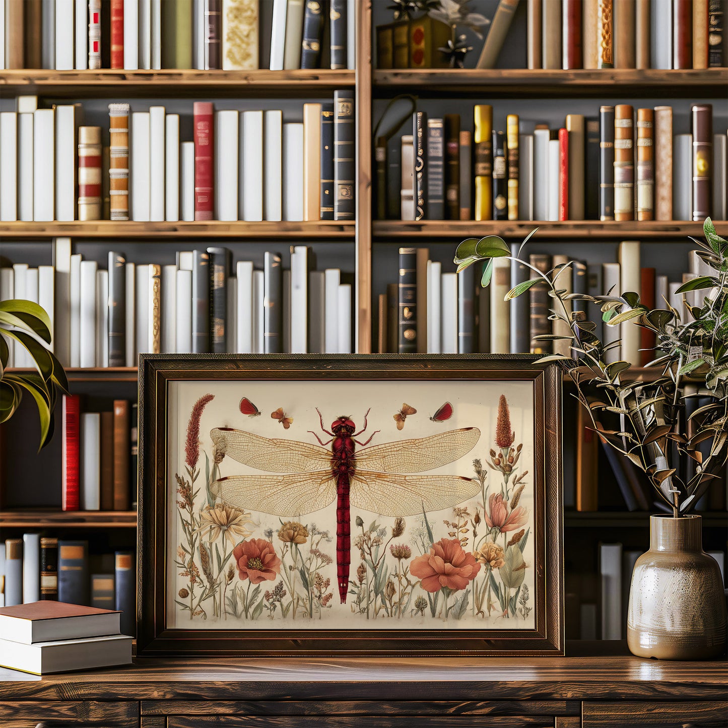 Crimson Messenger Through Wildflower Meadow