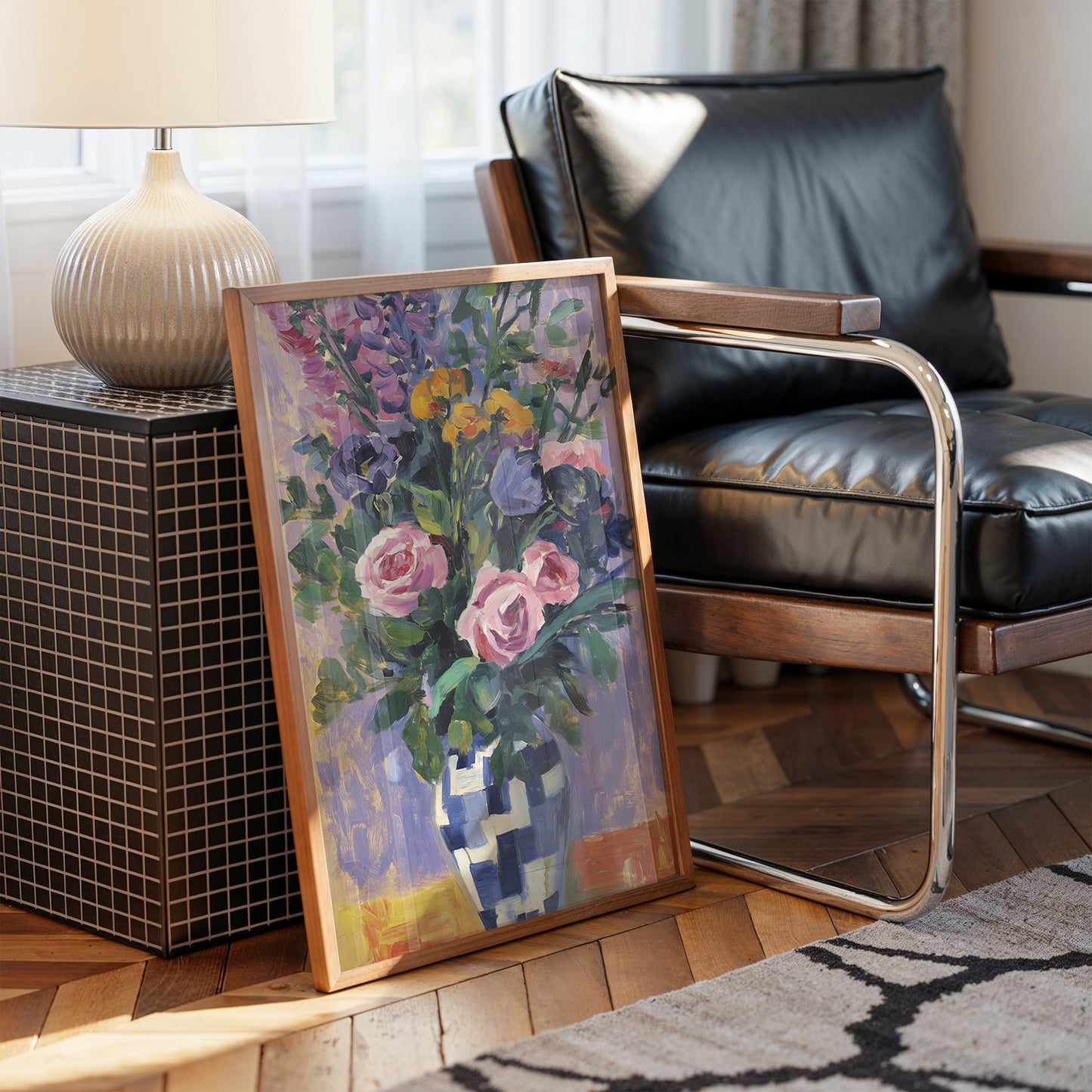 Vibrant Blooms in Checkered Blue