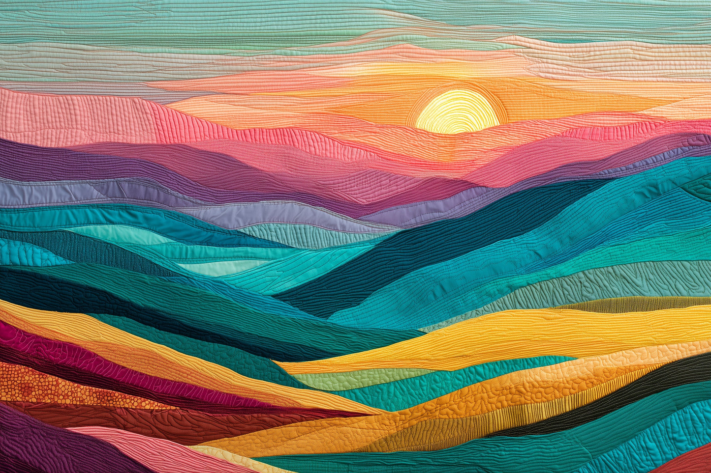 Textile Horizons: Sunset Through Stitched Valleys
