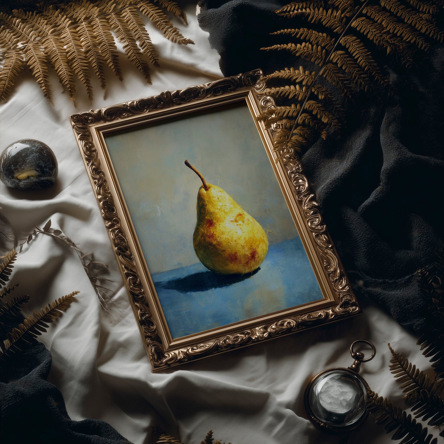 Golden Pear Against Midnight Walls