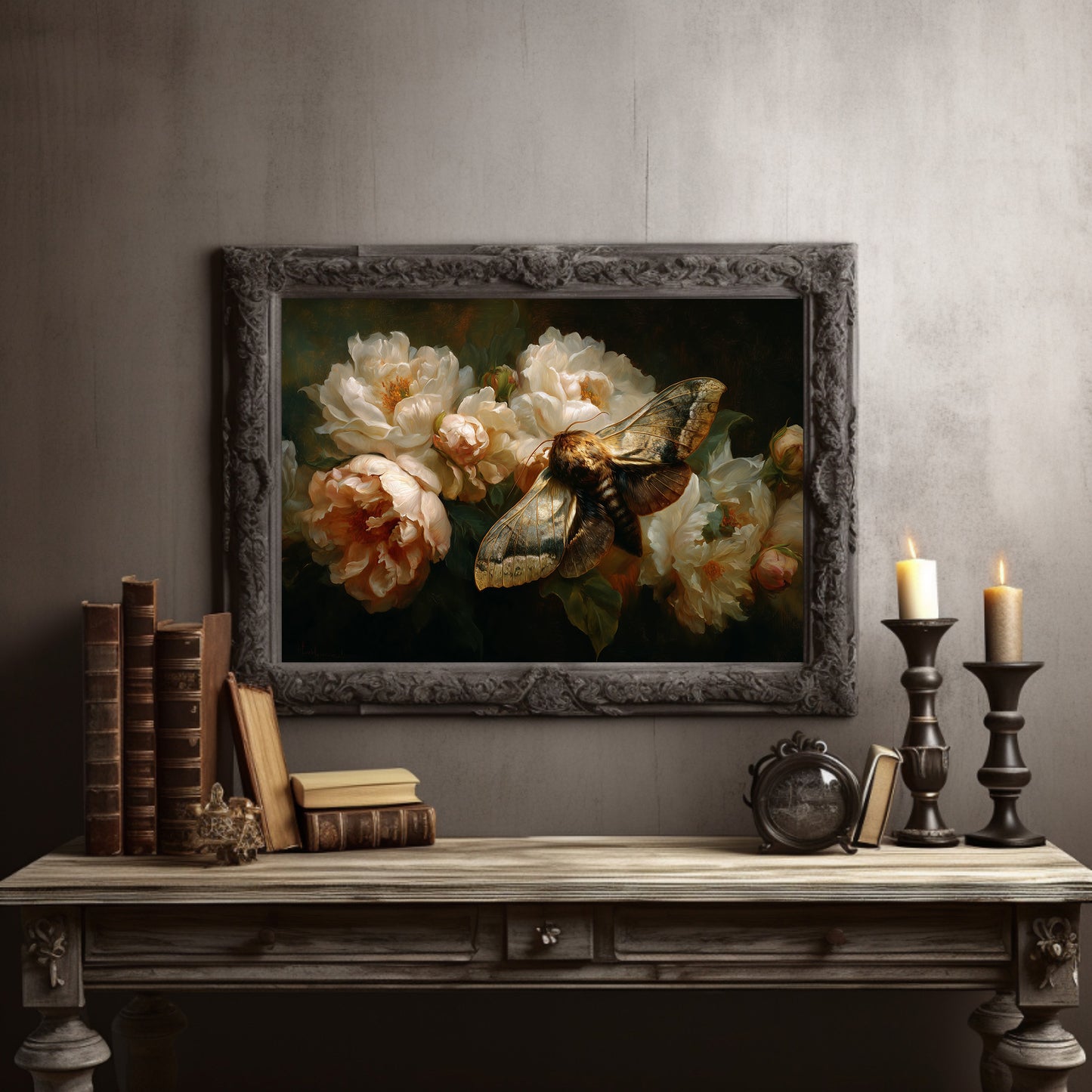 Moth Among Cream Peonies