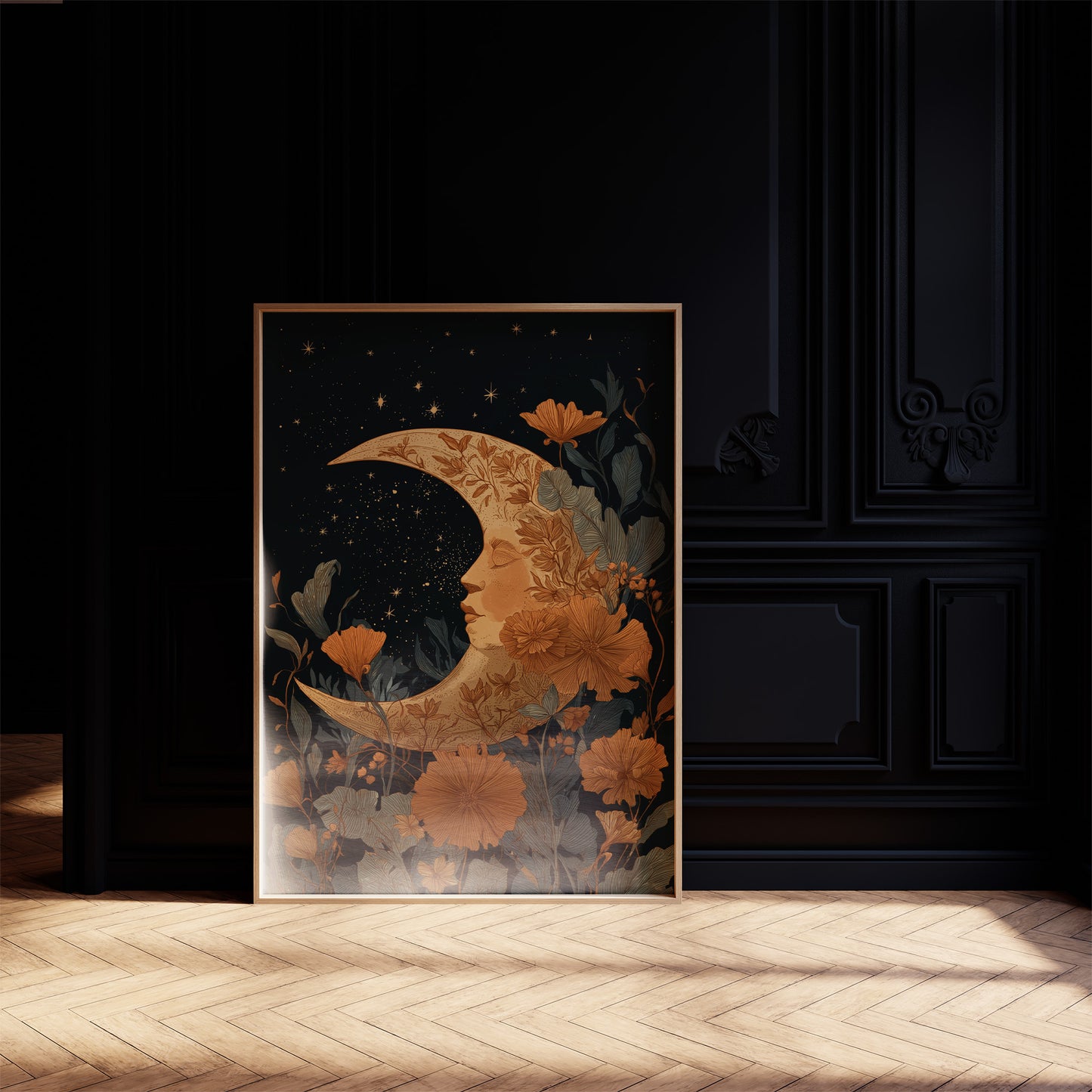 Copper Crescent Among Starlit Petals