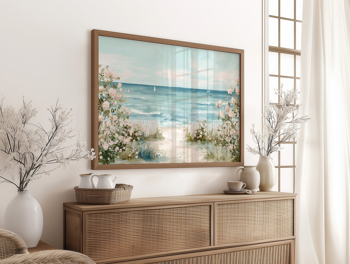 Seaside Roses Frame Distant Sails