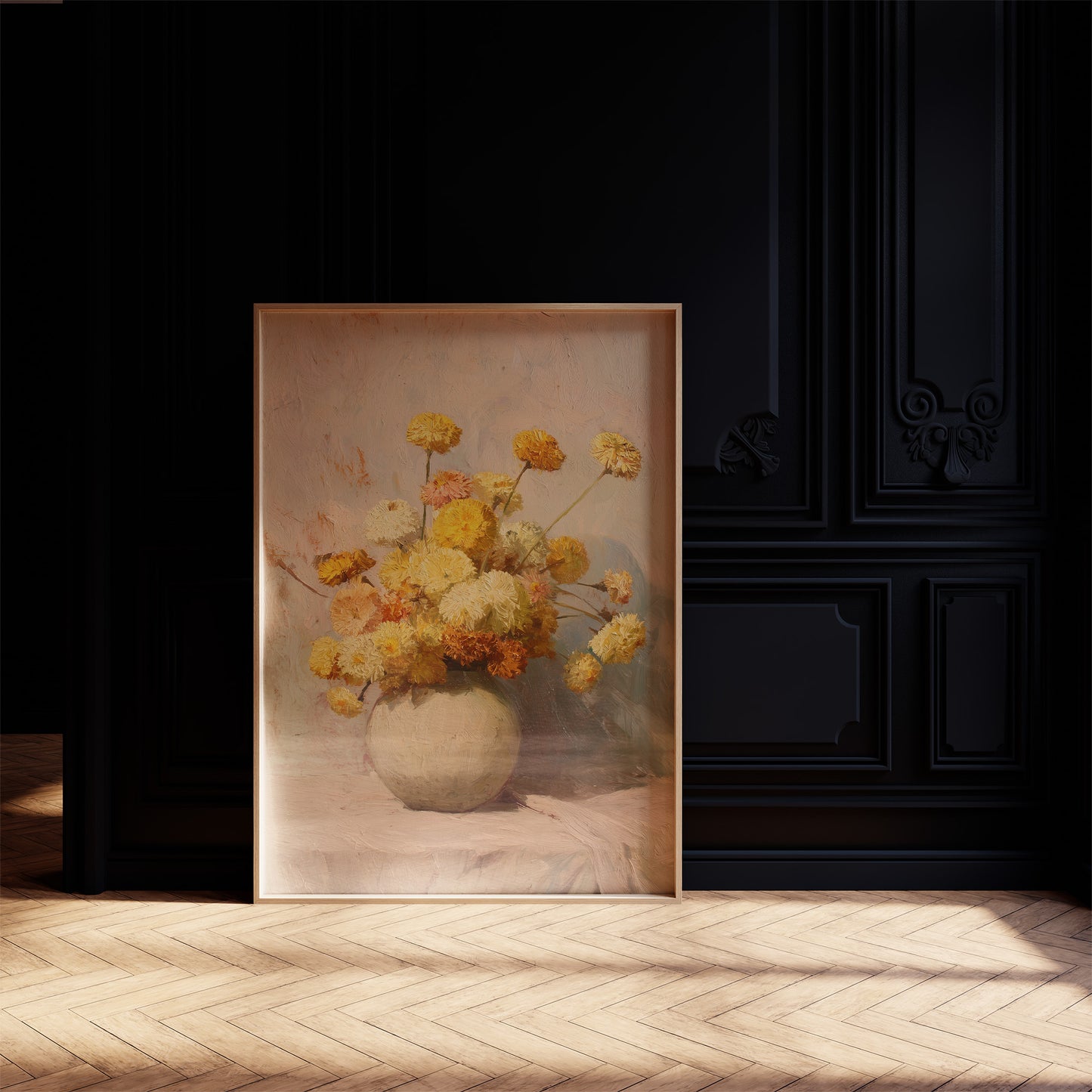 Sunlit Chrysanthemums in Cream Pottery
