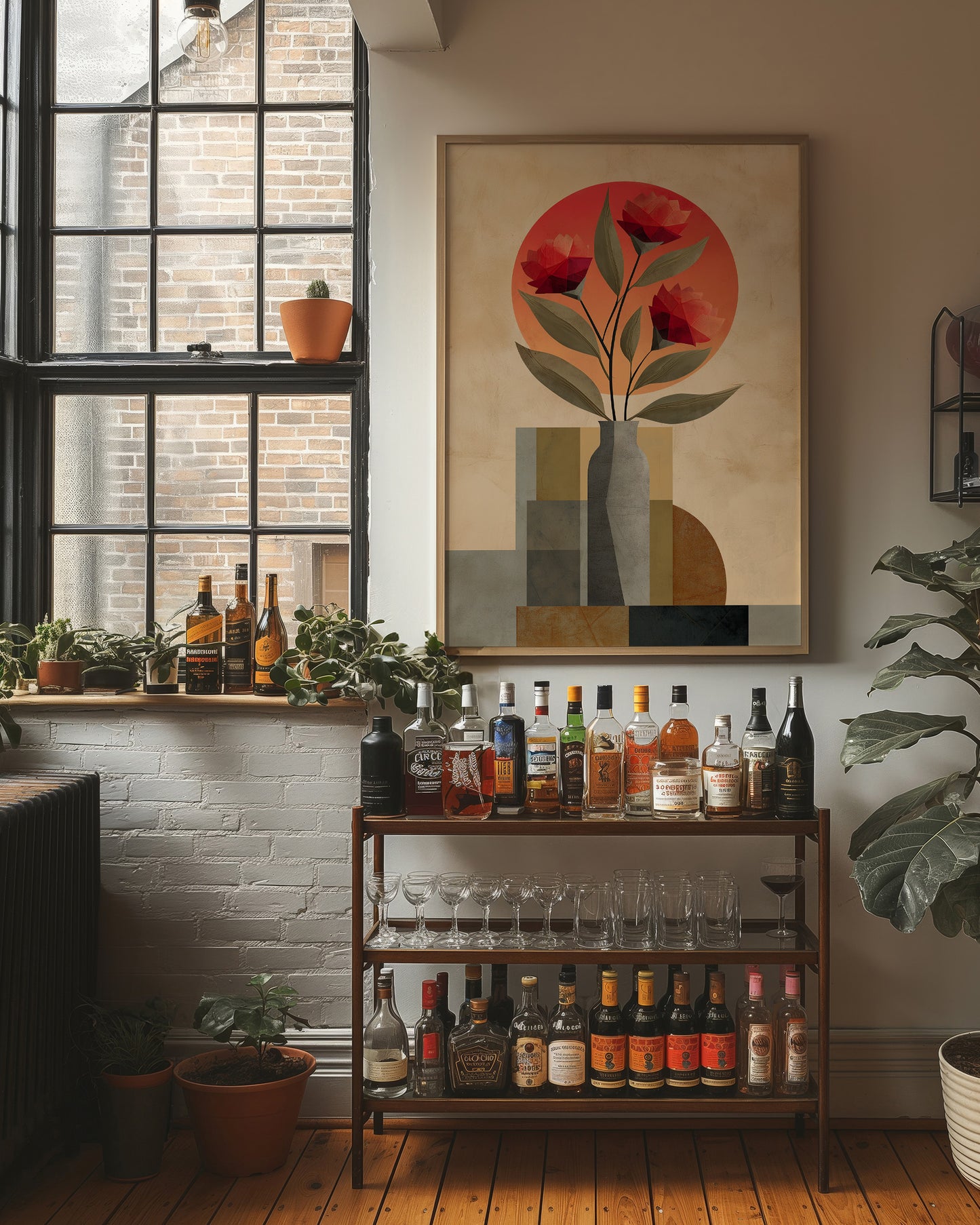 Red Blooms Against City Shapes