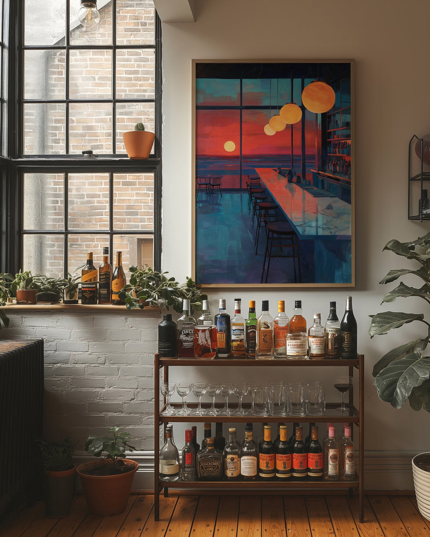 Lanterns Float Above Empty Barstools