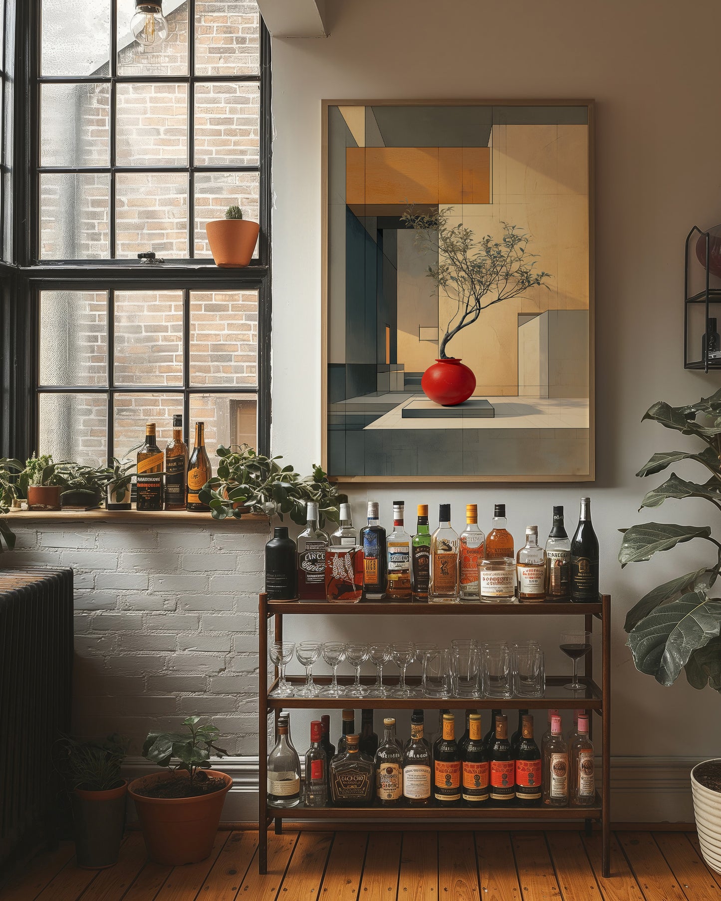 Red Vase Holds Geometric Sunlight