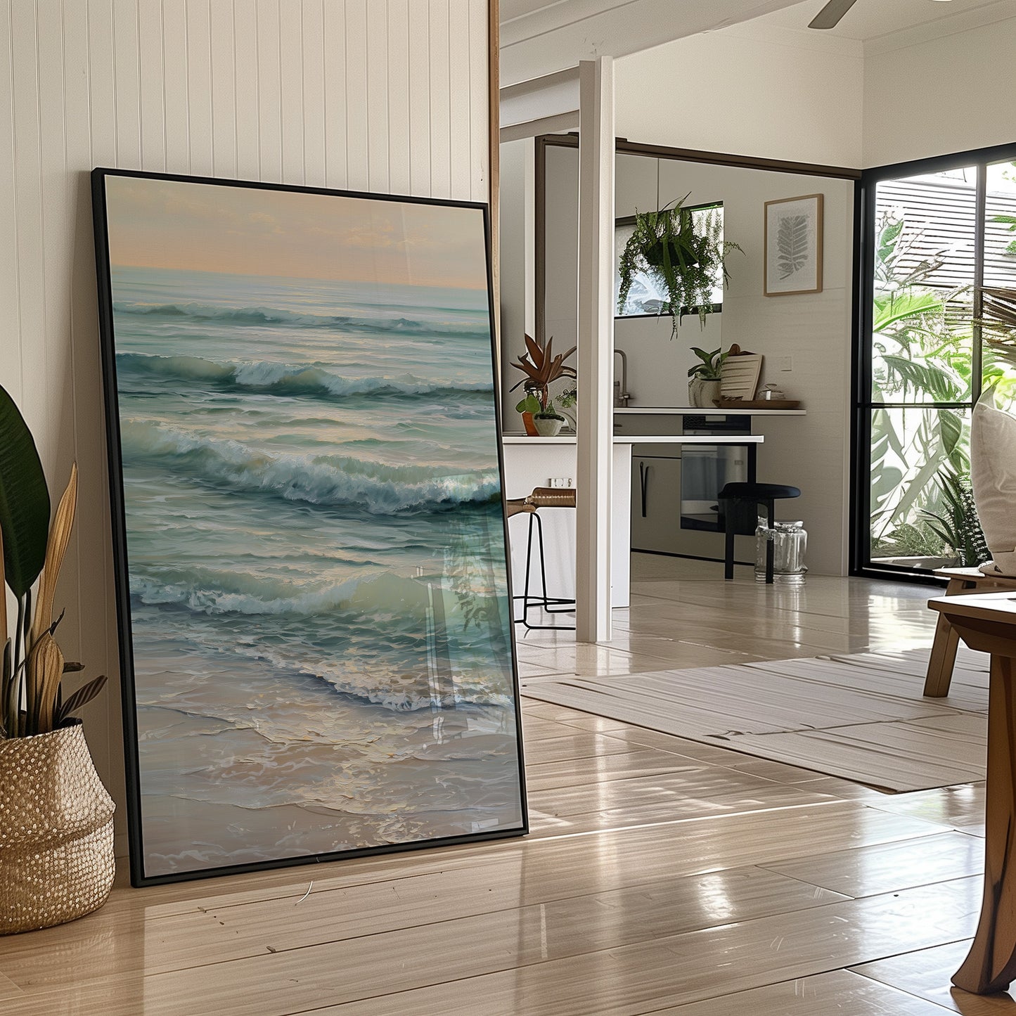 Seafoam Rhythms Against Wooden Frame