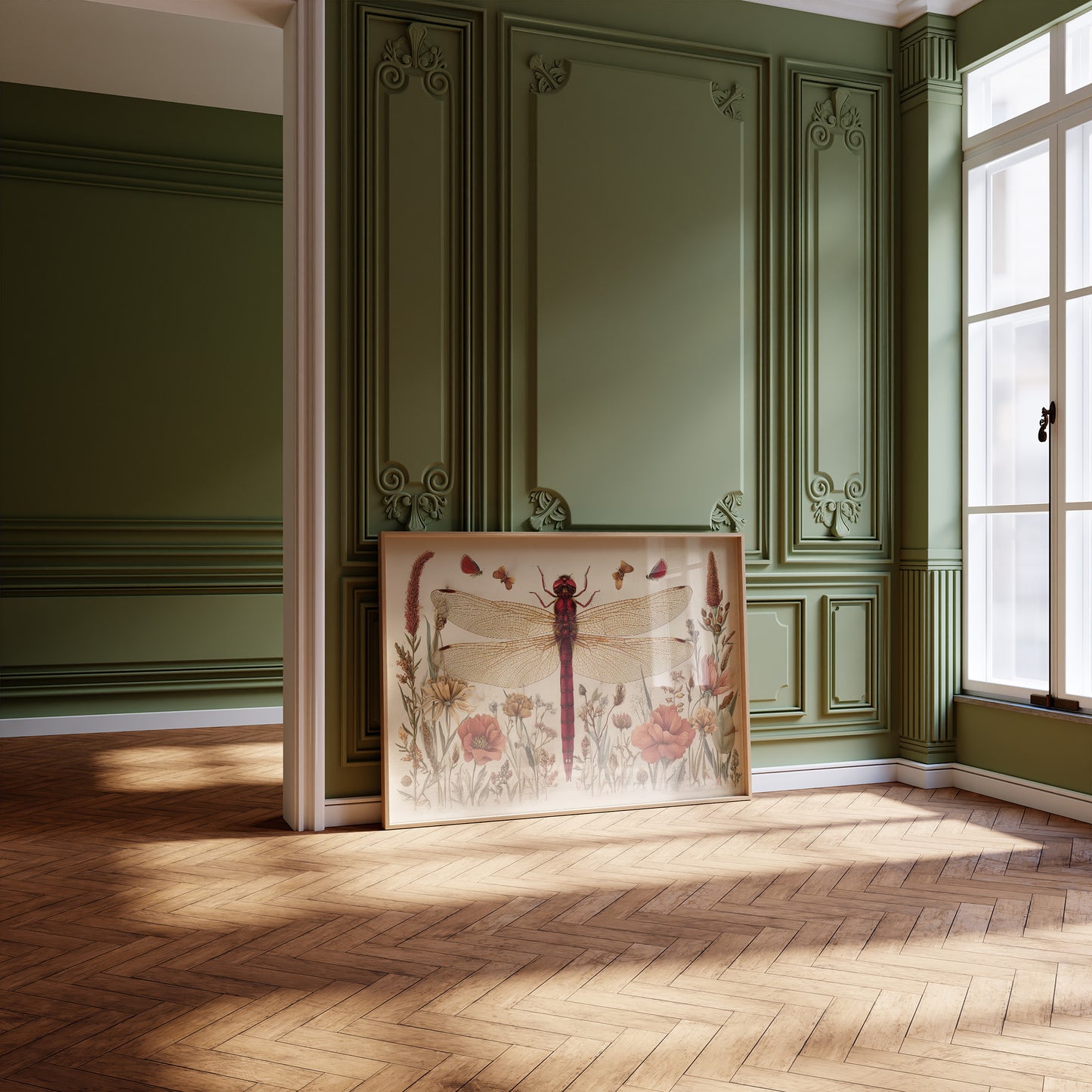 Crimson Messenger Through Wildflower Meadow