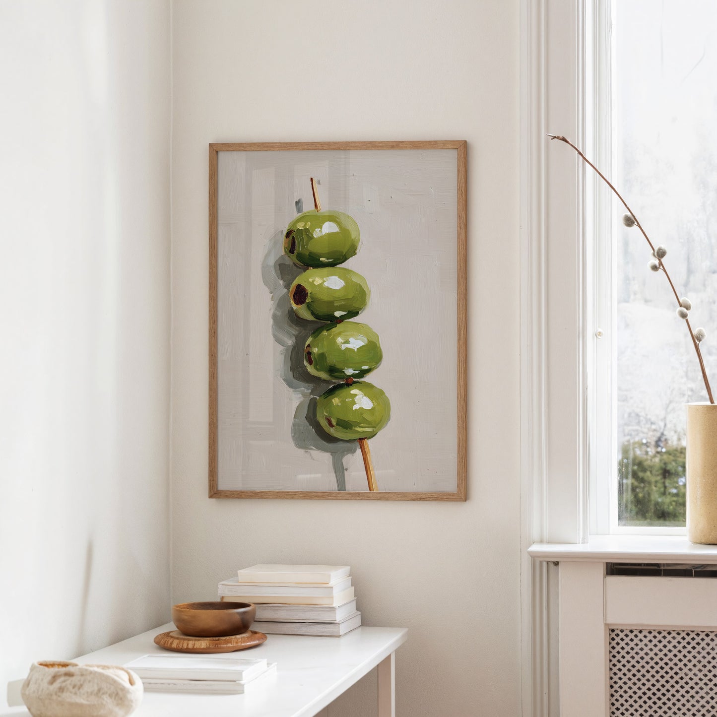 Verdant Olives on Wooden Skewer