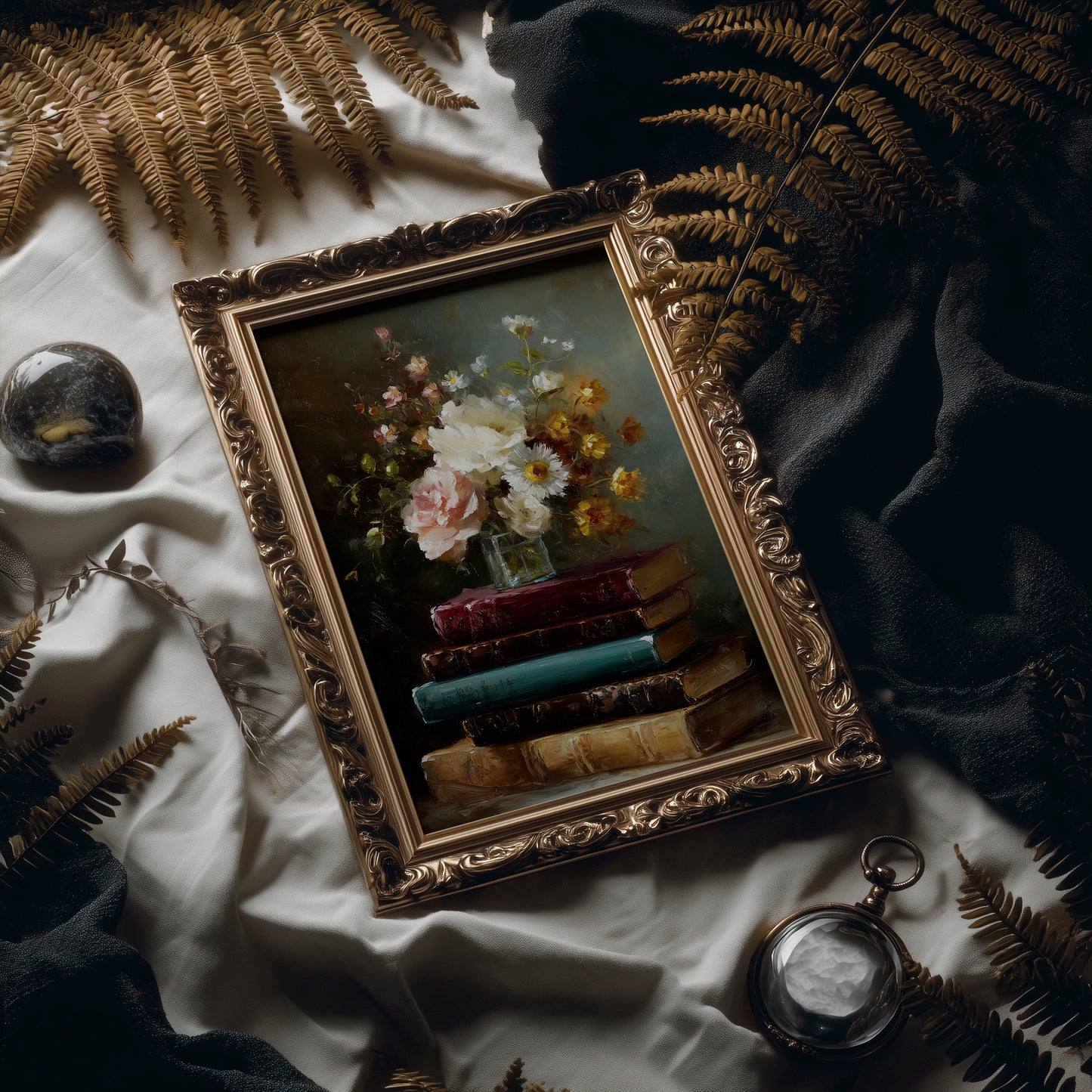 Peonies Rest On Literary Treasures