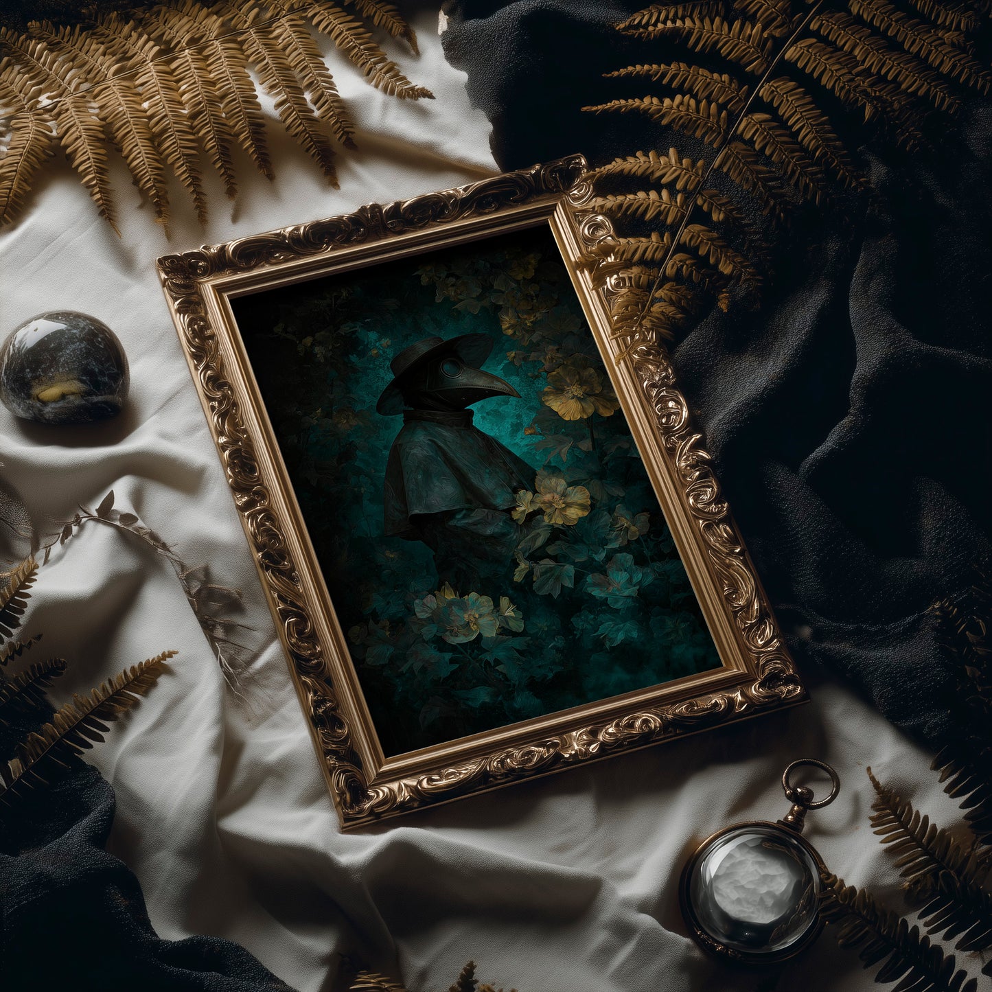 Plague Doctor Among Pale Blossoms