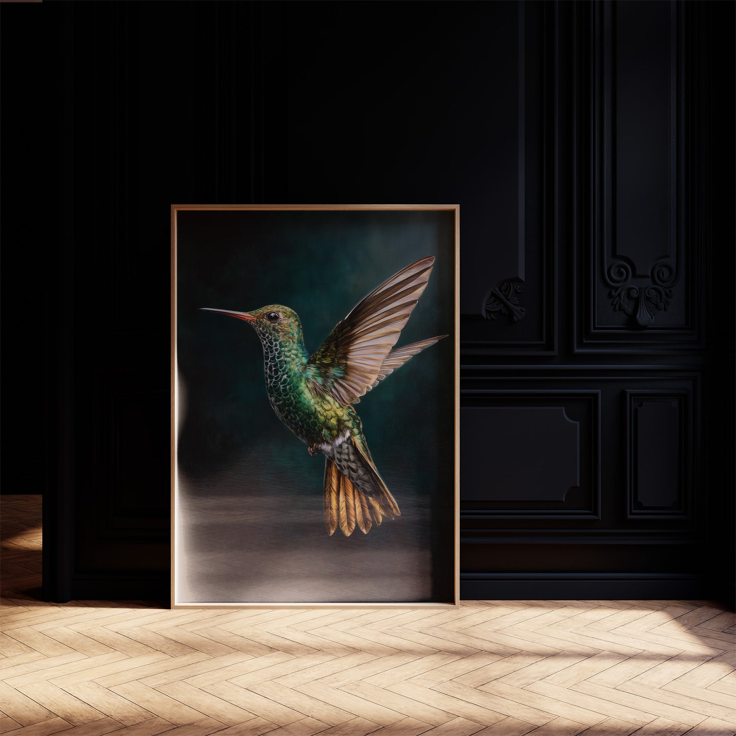 Jeweled Flight Against Midnight Teal