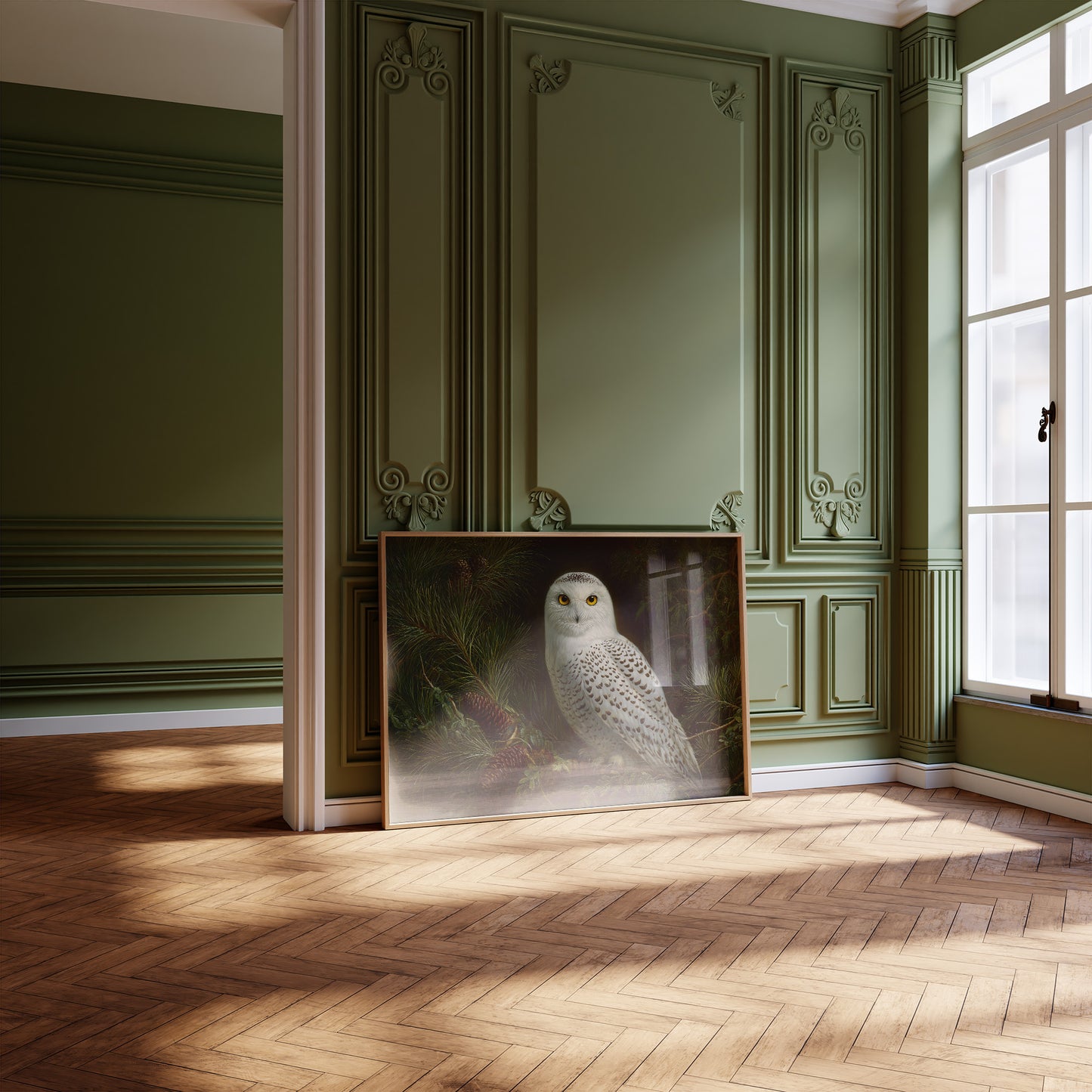 Arctic Sentinel Among Pine Boughs