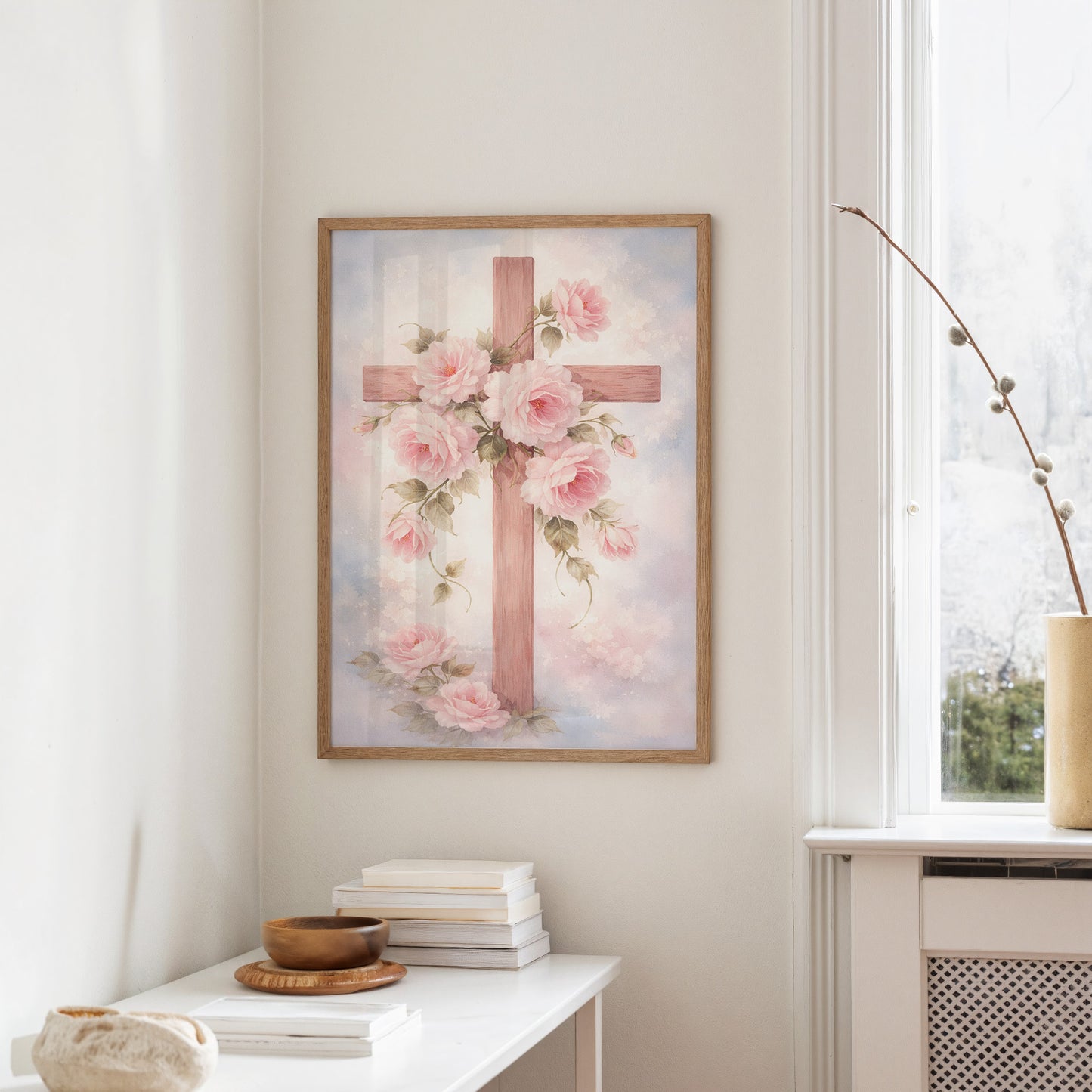 Blossoming Faith Embraces Wooden Cross