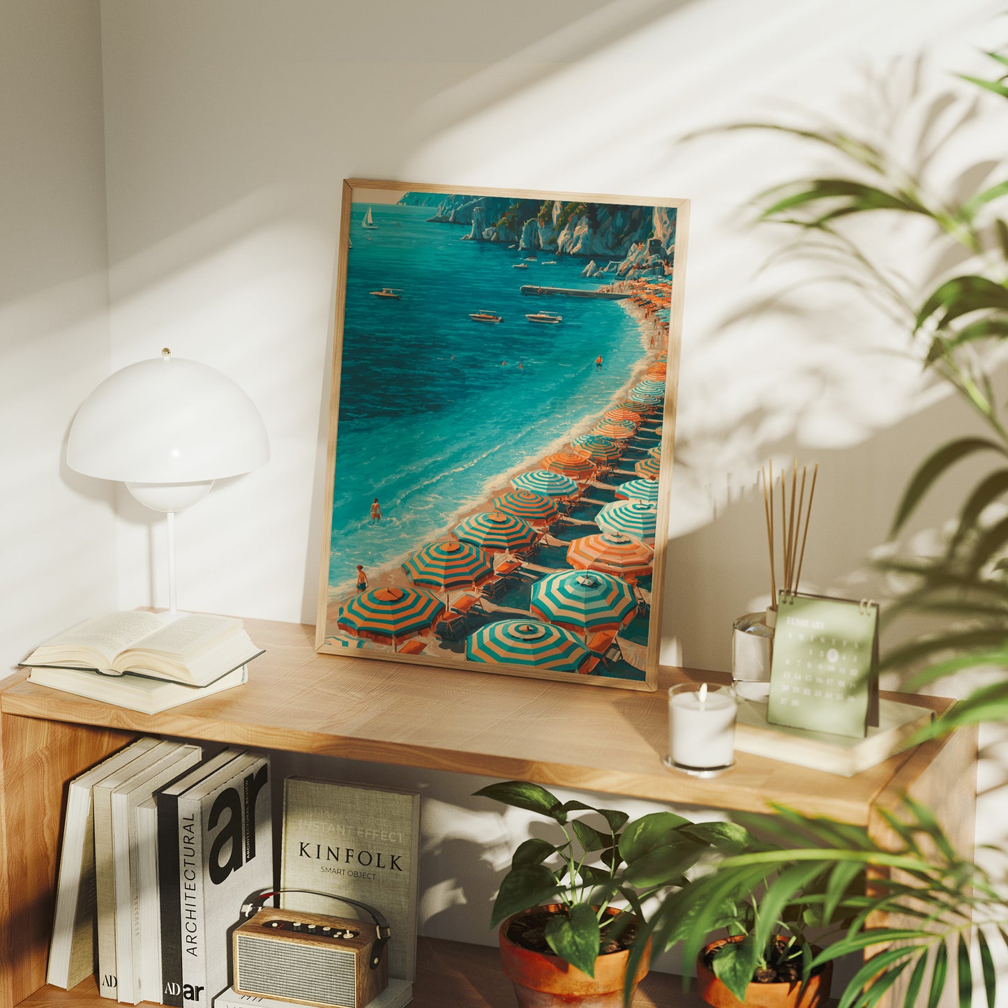 Mediterranean Reverie: Coral Parasols and Azure Waters