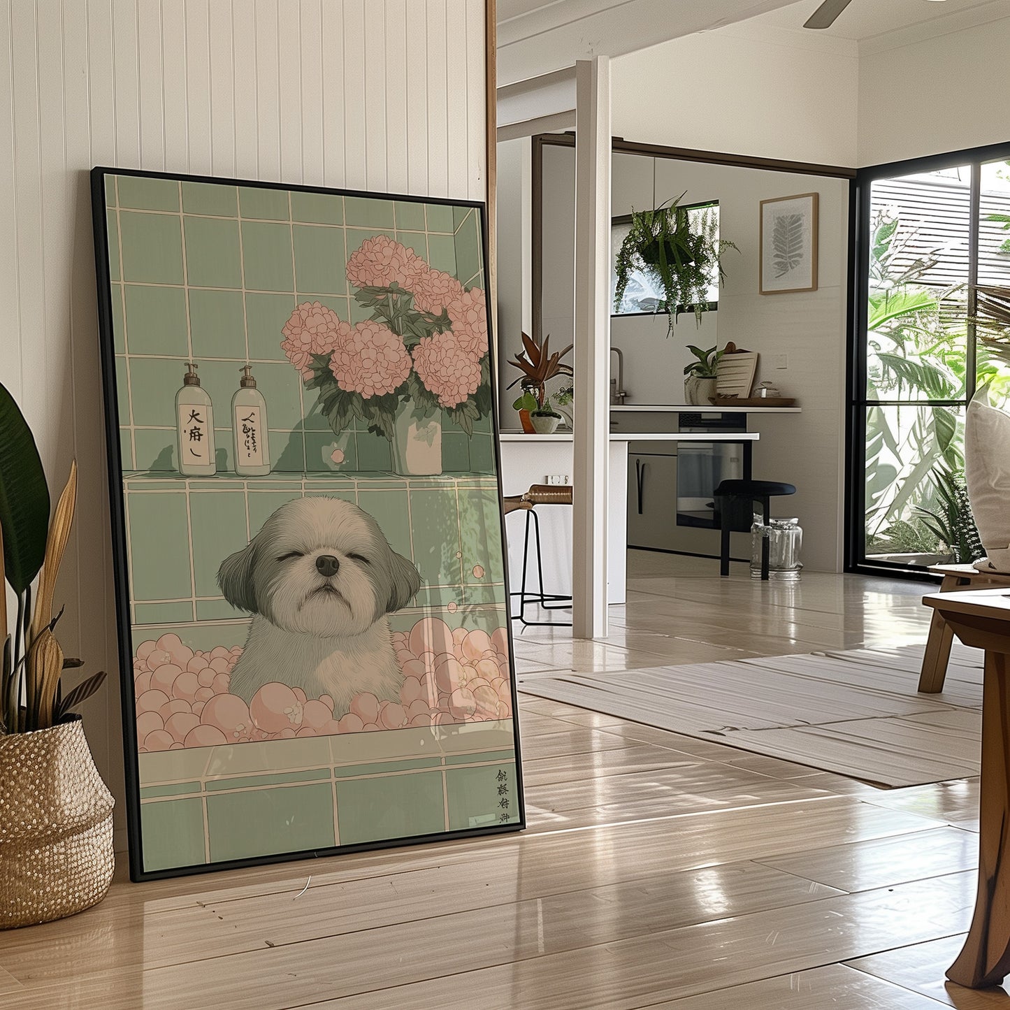 Peaceful Pup Among Pink Peonies