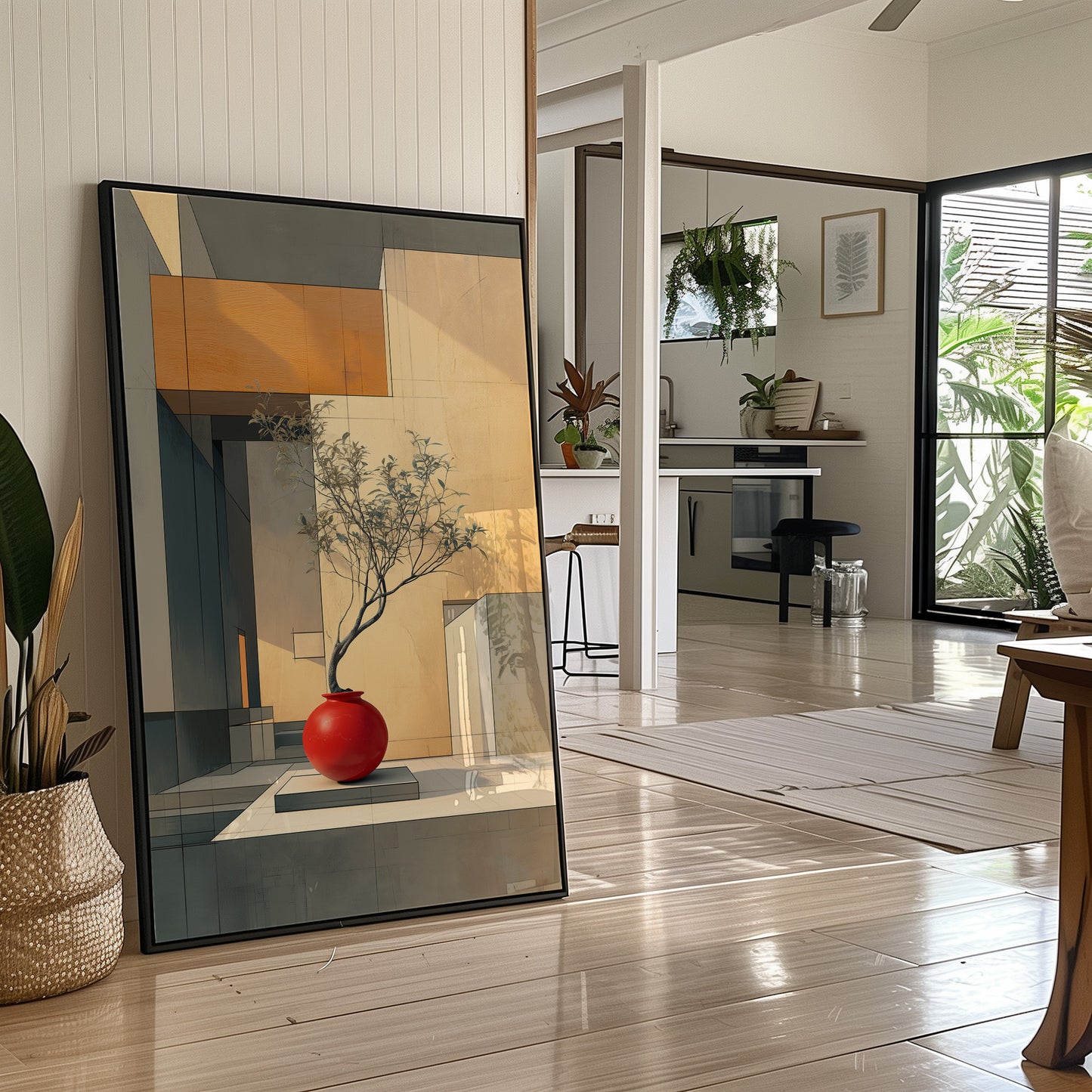 Red Vase Holds Geometric Sunlight