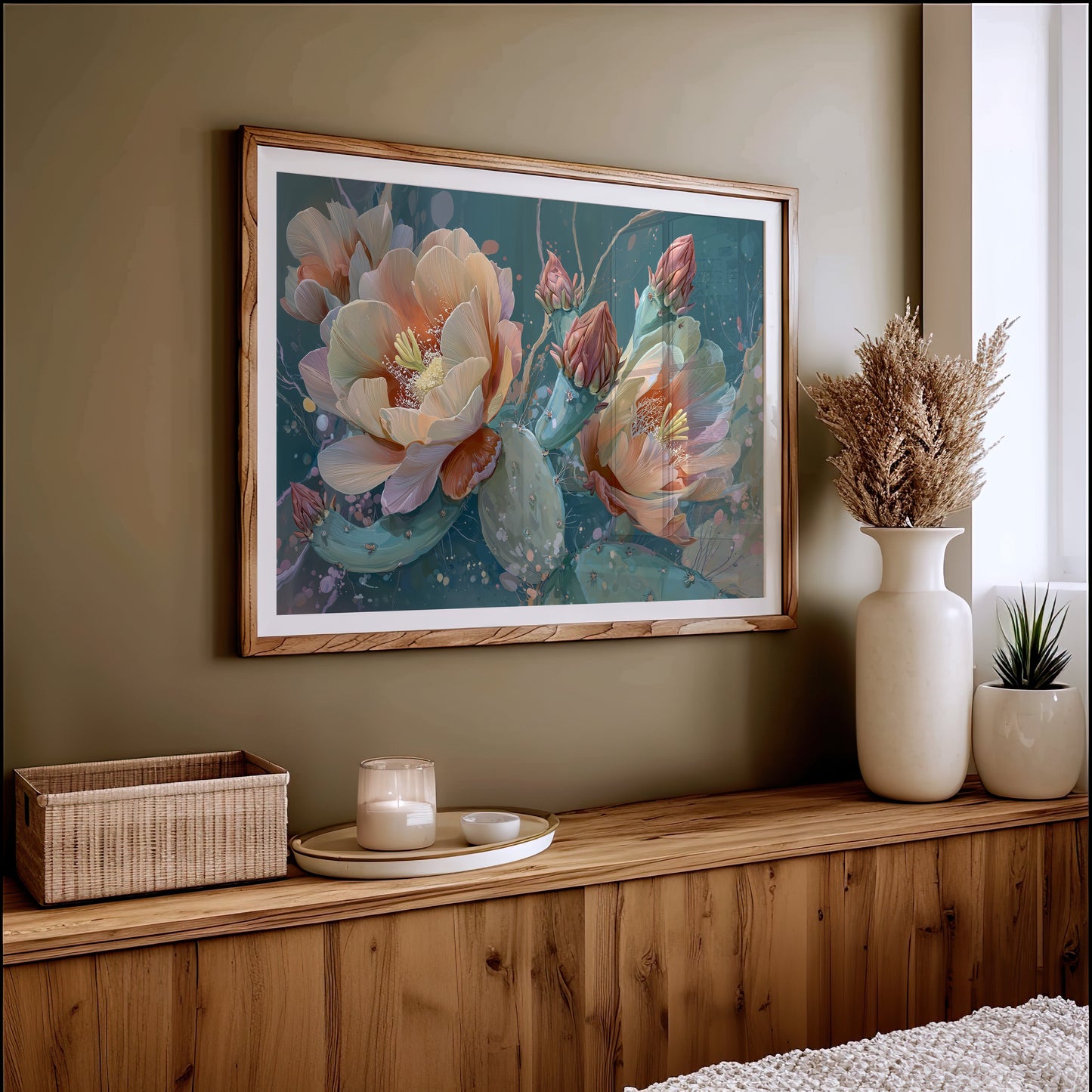 Desert Blooms Against Teal Sky