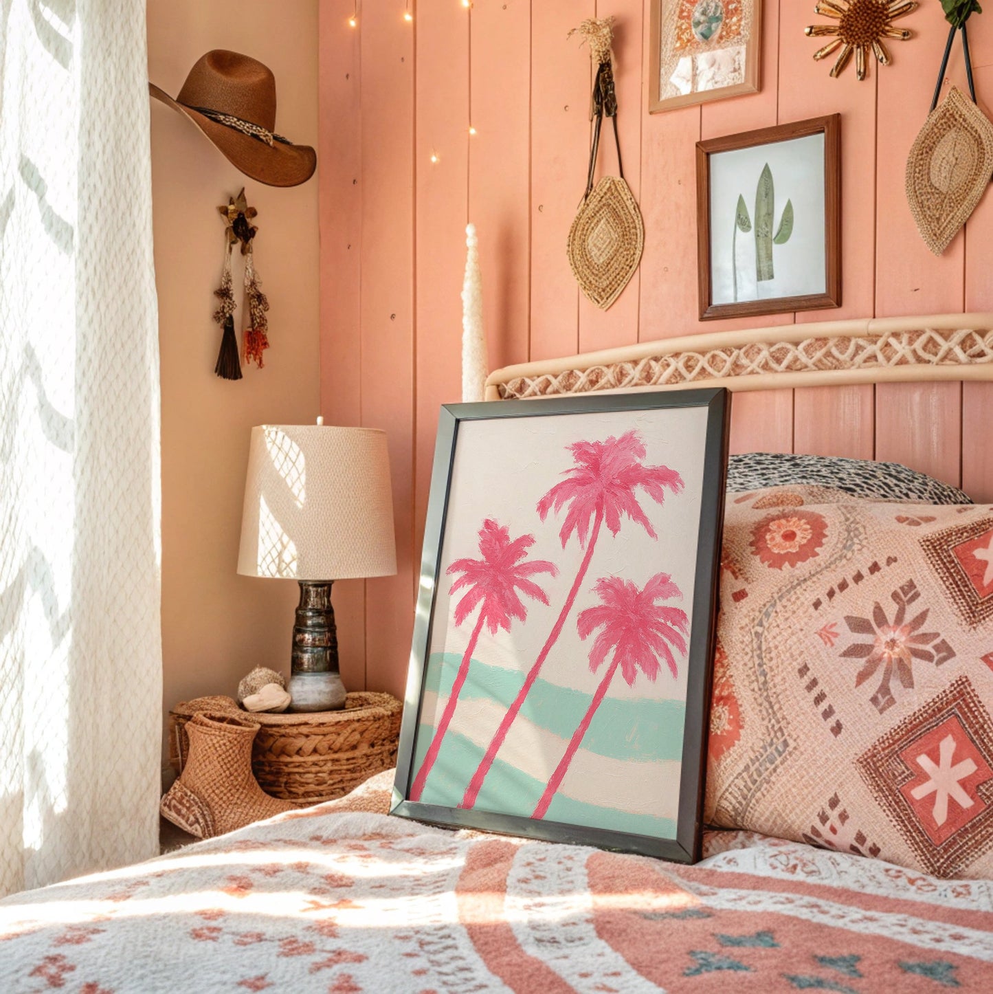 Pink Palms Over Mint Waves