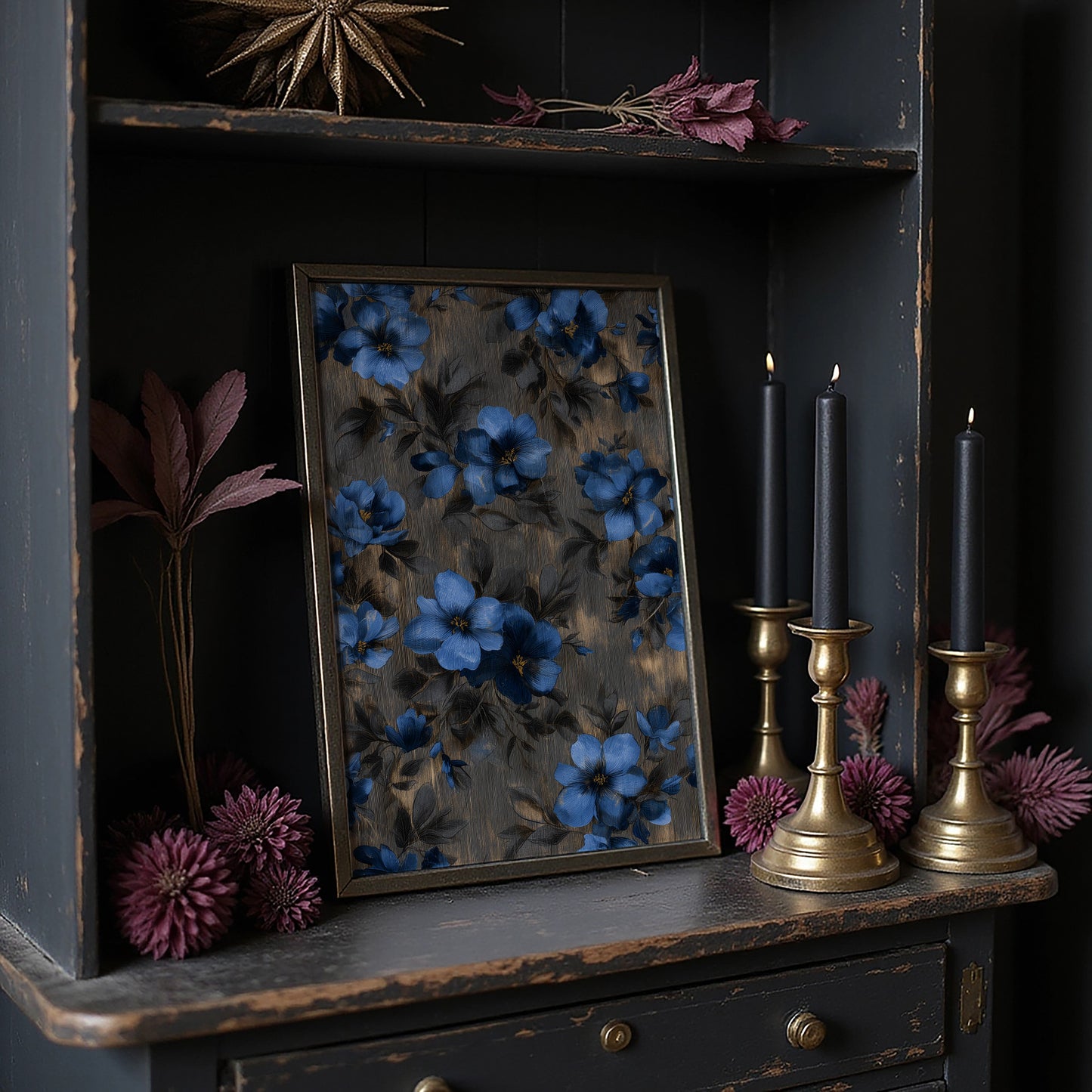 Midnight Blooms Against Golden Wood