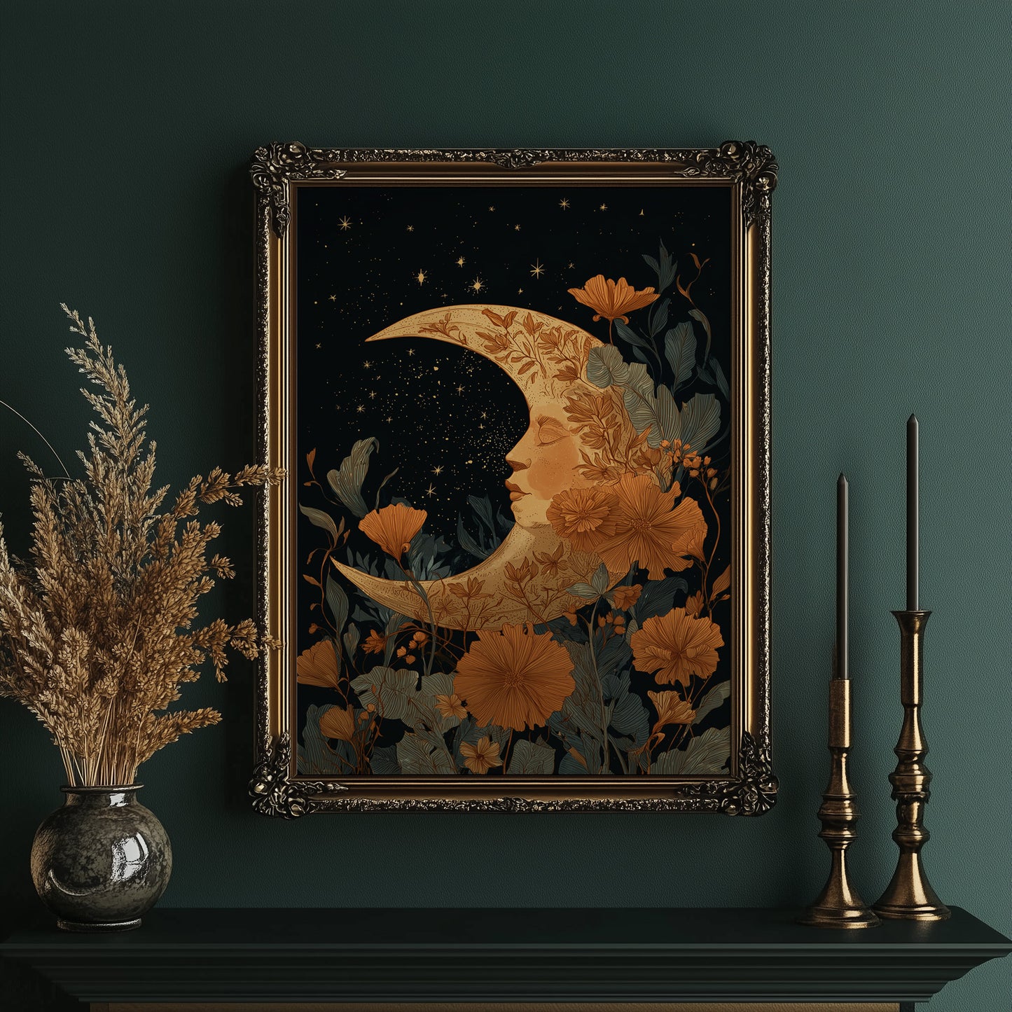 Copper Crescent Among Starlit Petals