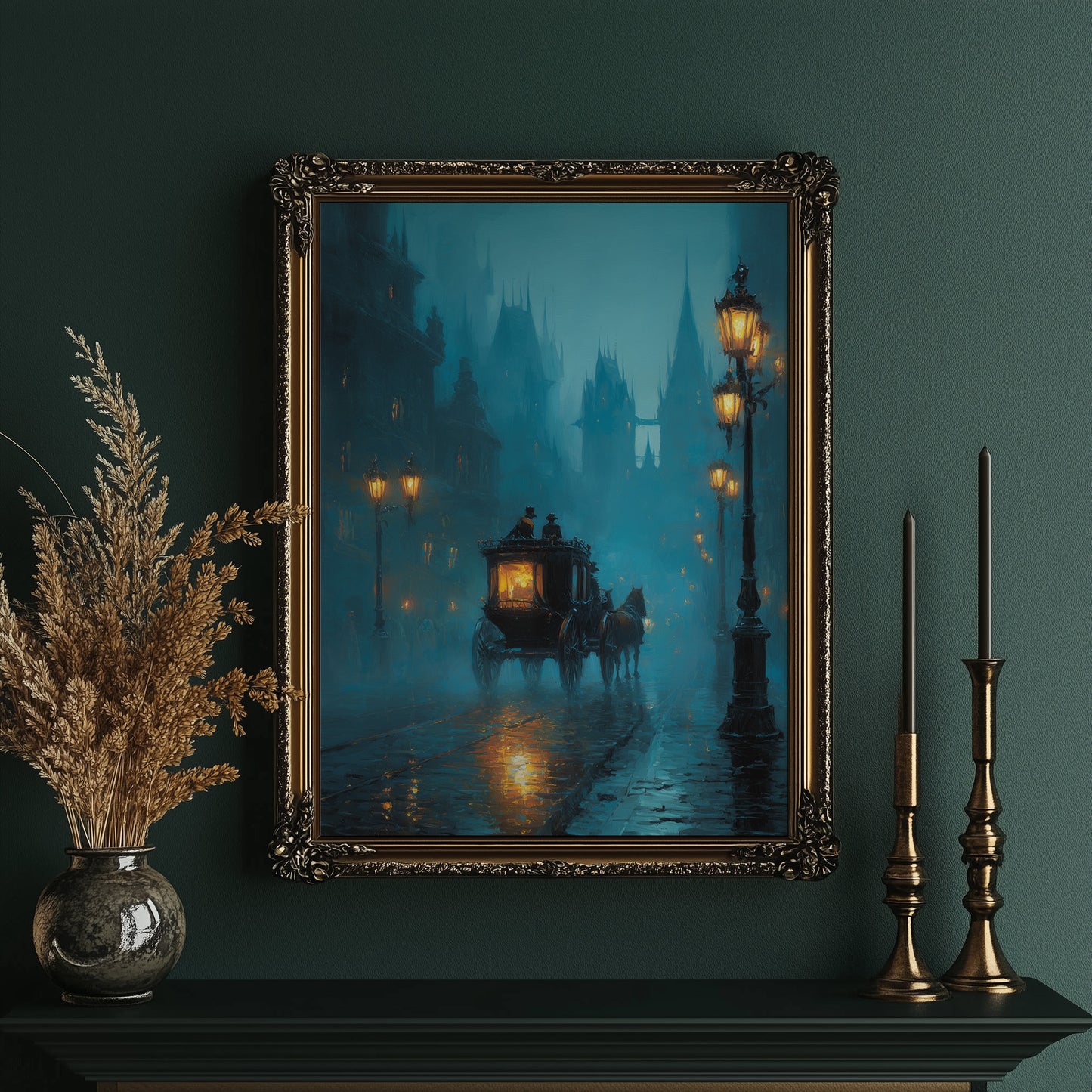 Midnight Carriage Through Teal Fog