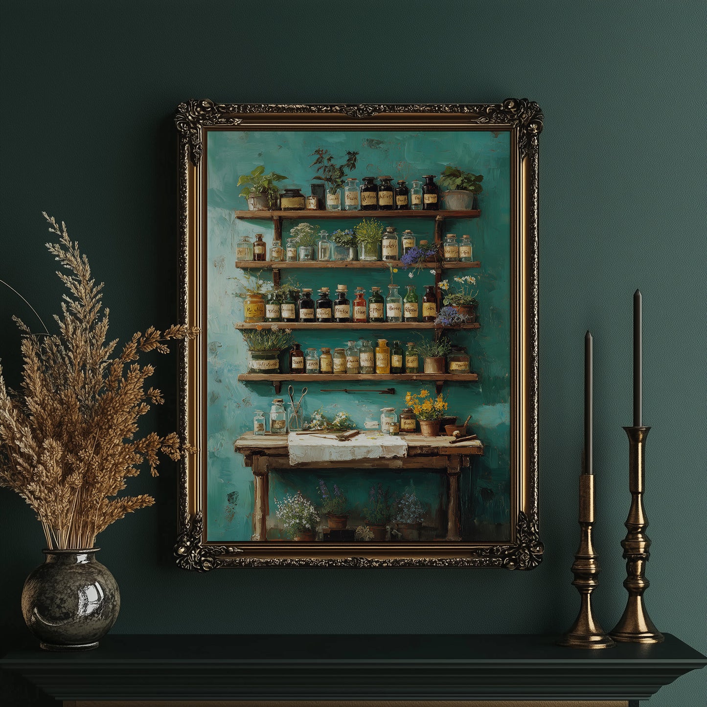 Apothecary Secrets Against Teal Walls