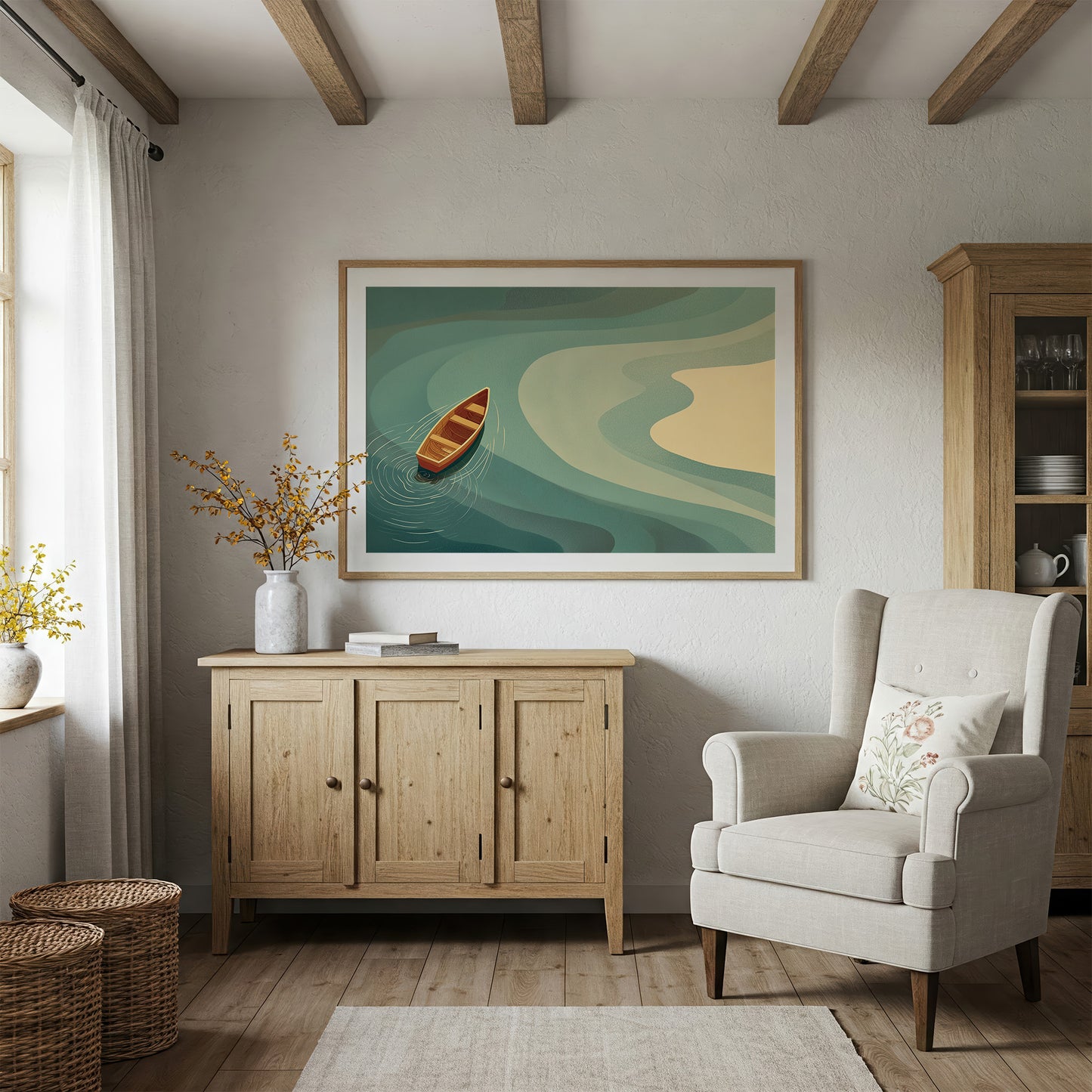 Solitary Vessel Approaches Golden Shore