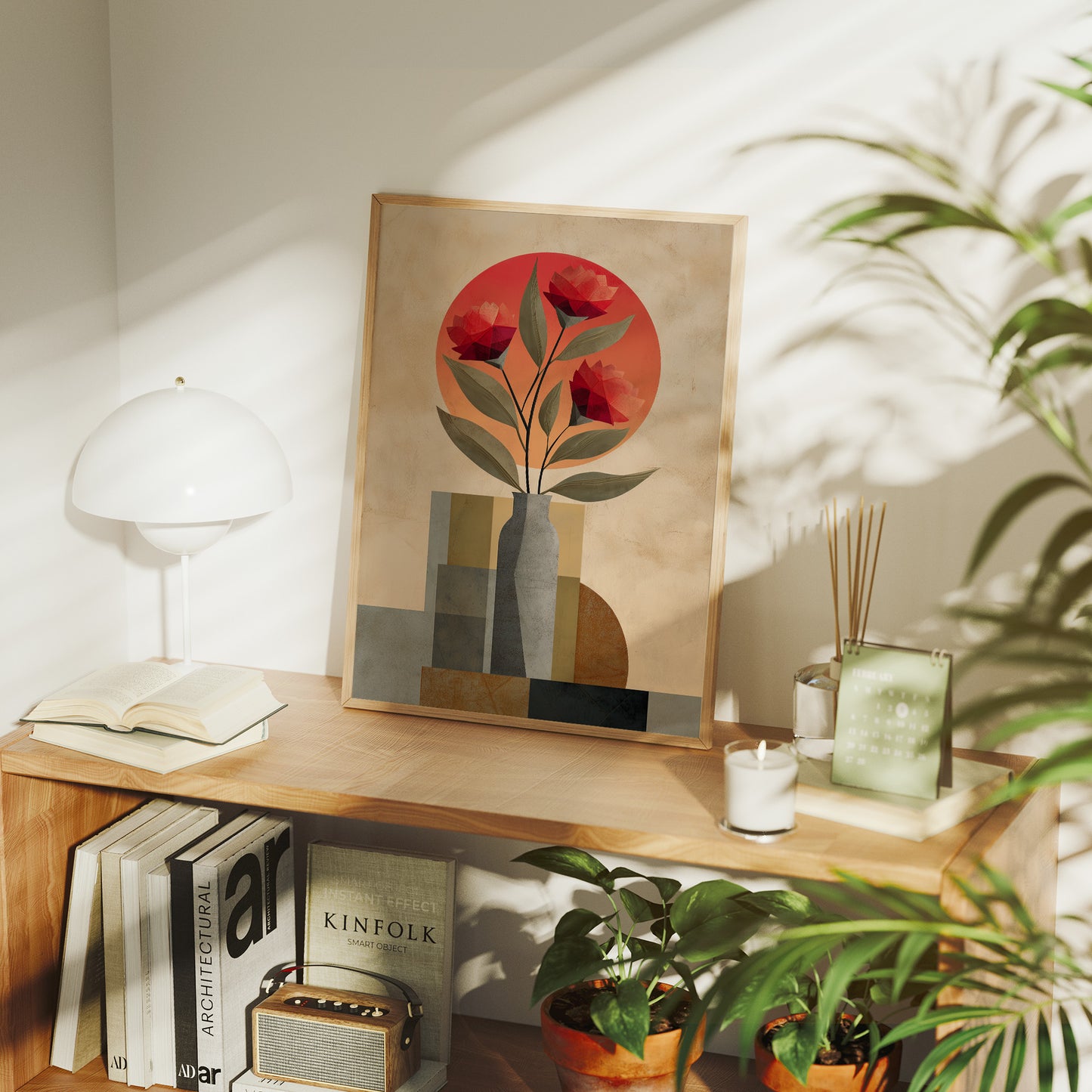 Red Blooms Against City Shapes