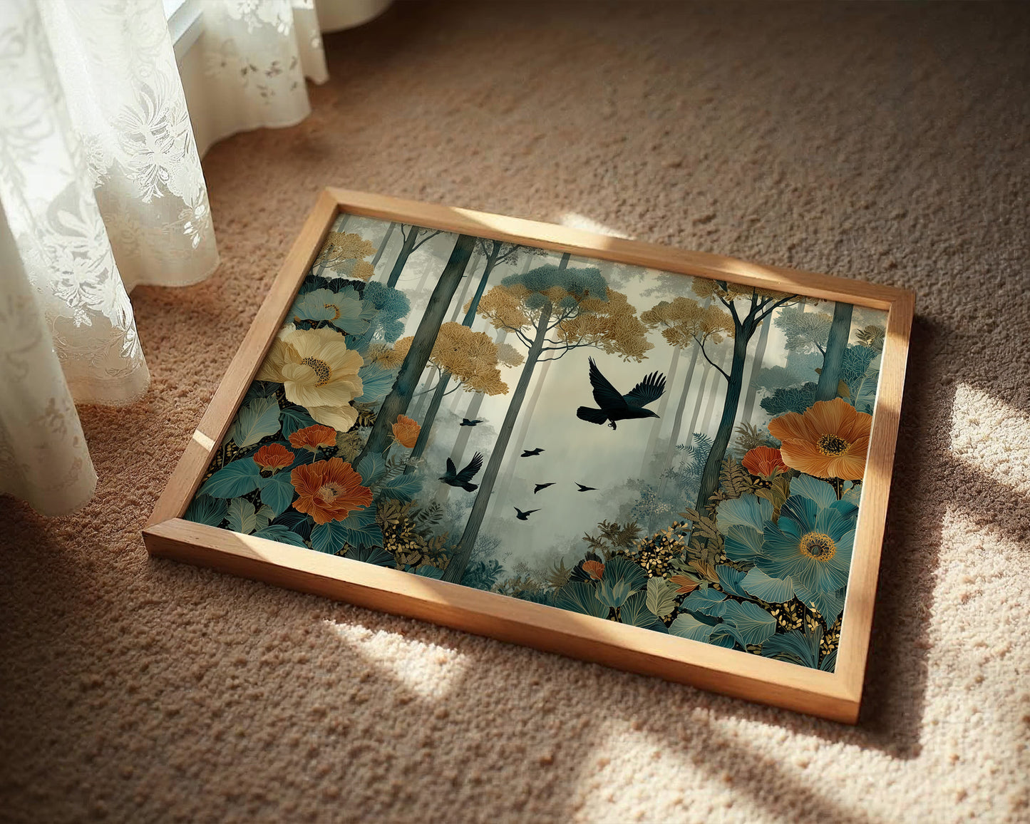 Ravens Soar Through Floral Forest